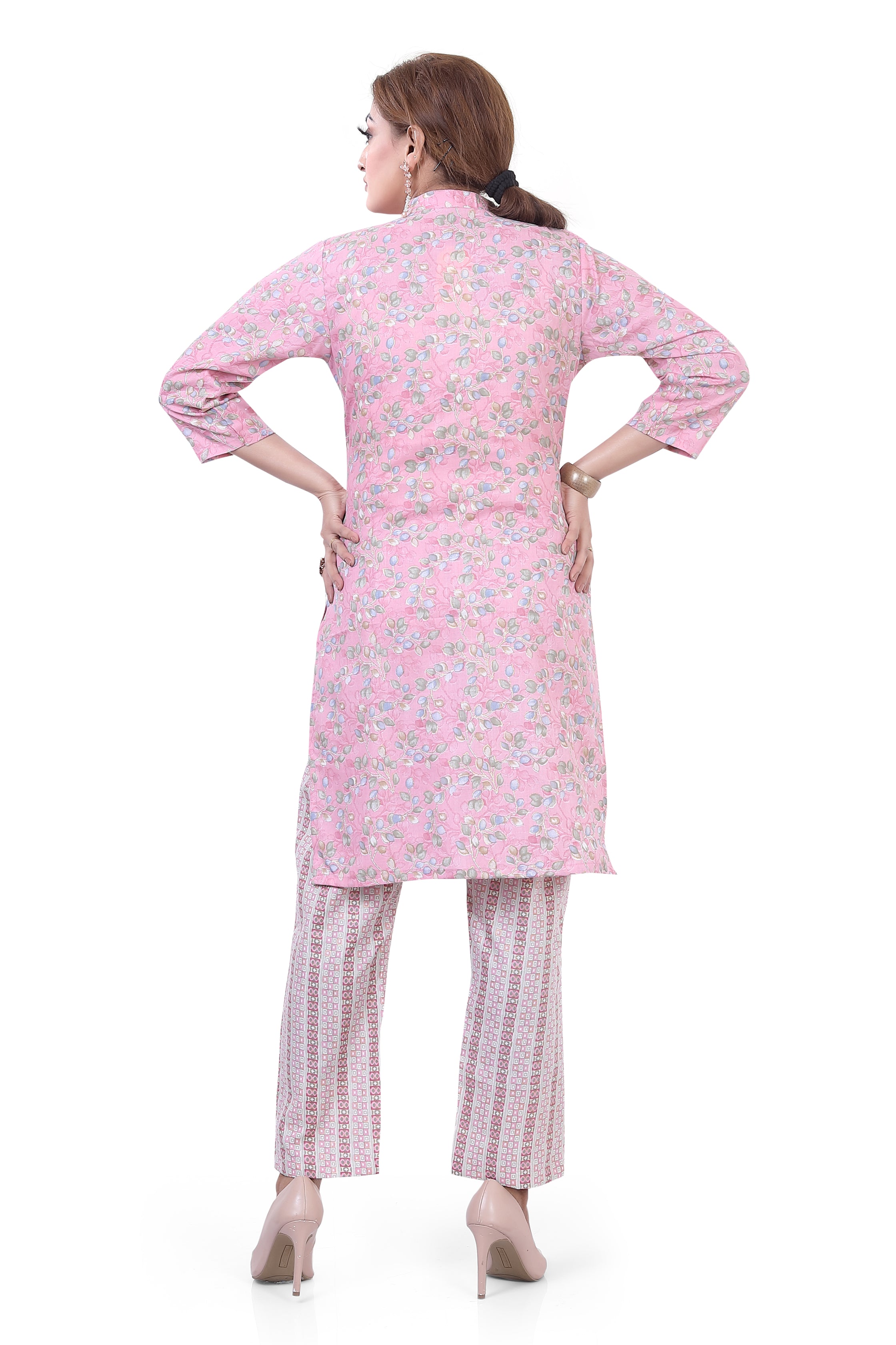 Pink Colour Printed Cotton Kurti Pant Set