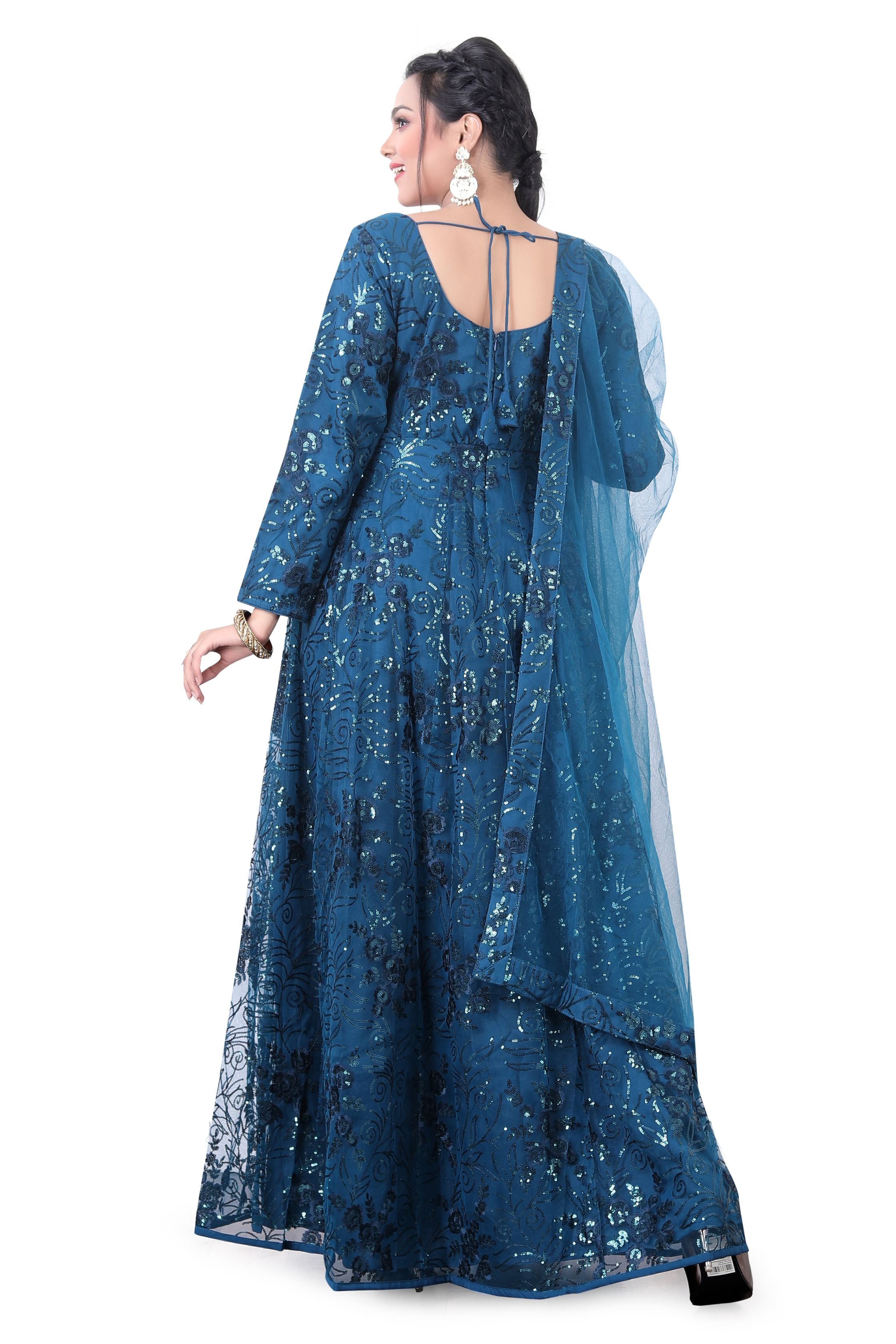 Peacock Blue Floor Length Anarkali Gown in Net ANS-5006