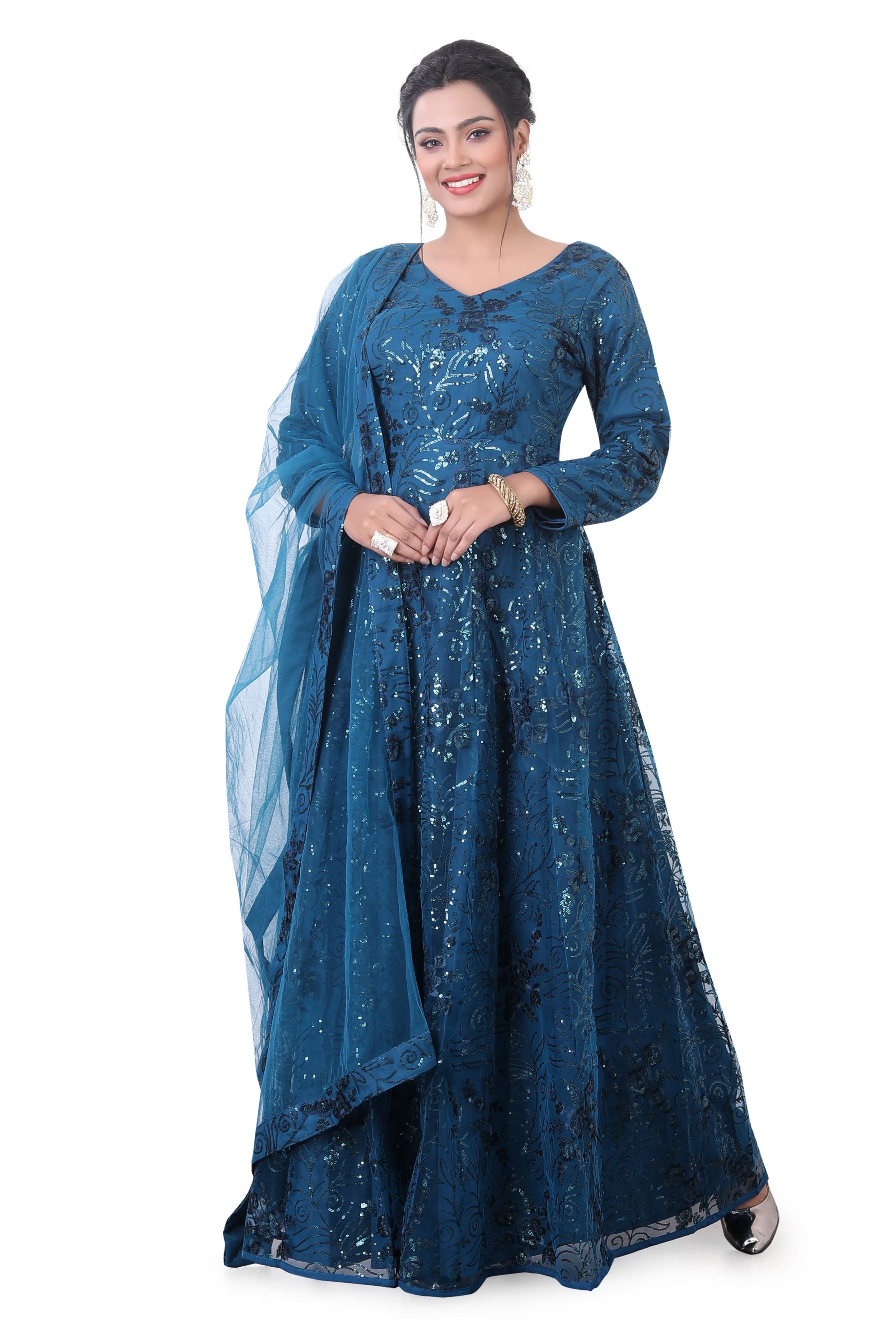 Peacock Blue Anarkali Net Gown