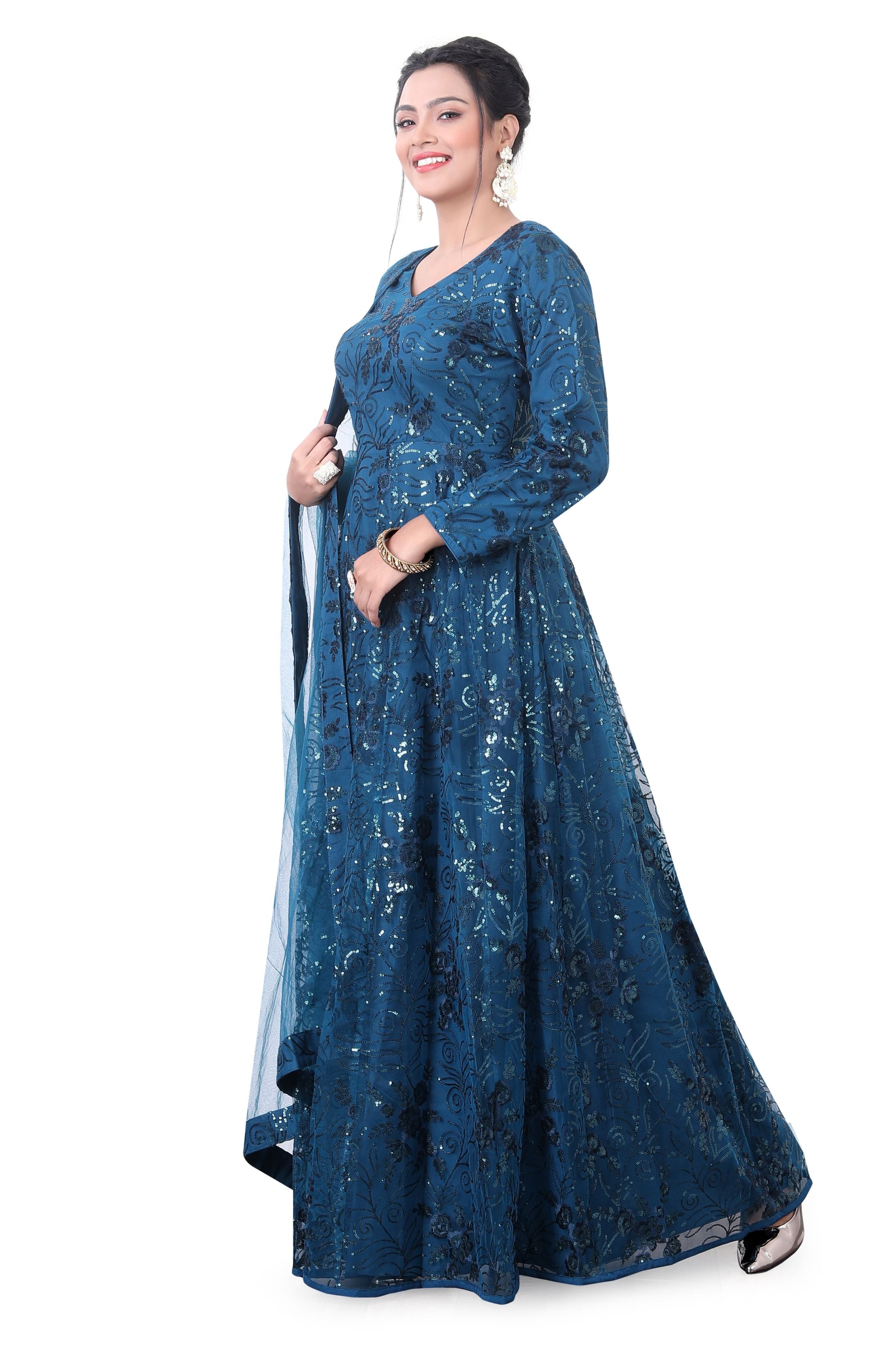 Peacock Blue Floor Length Anarkali Gown in Net ANS-5006
