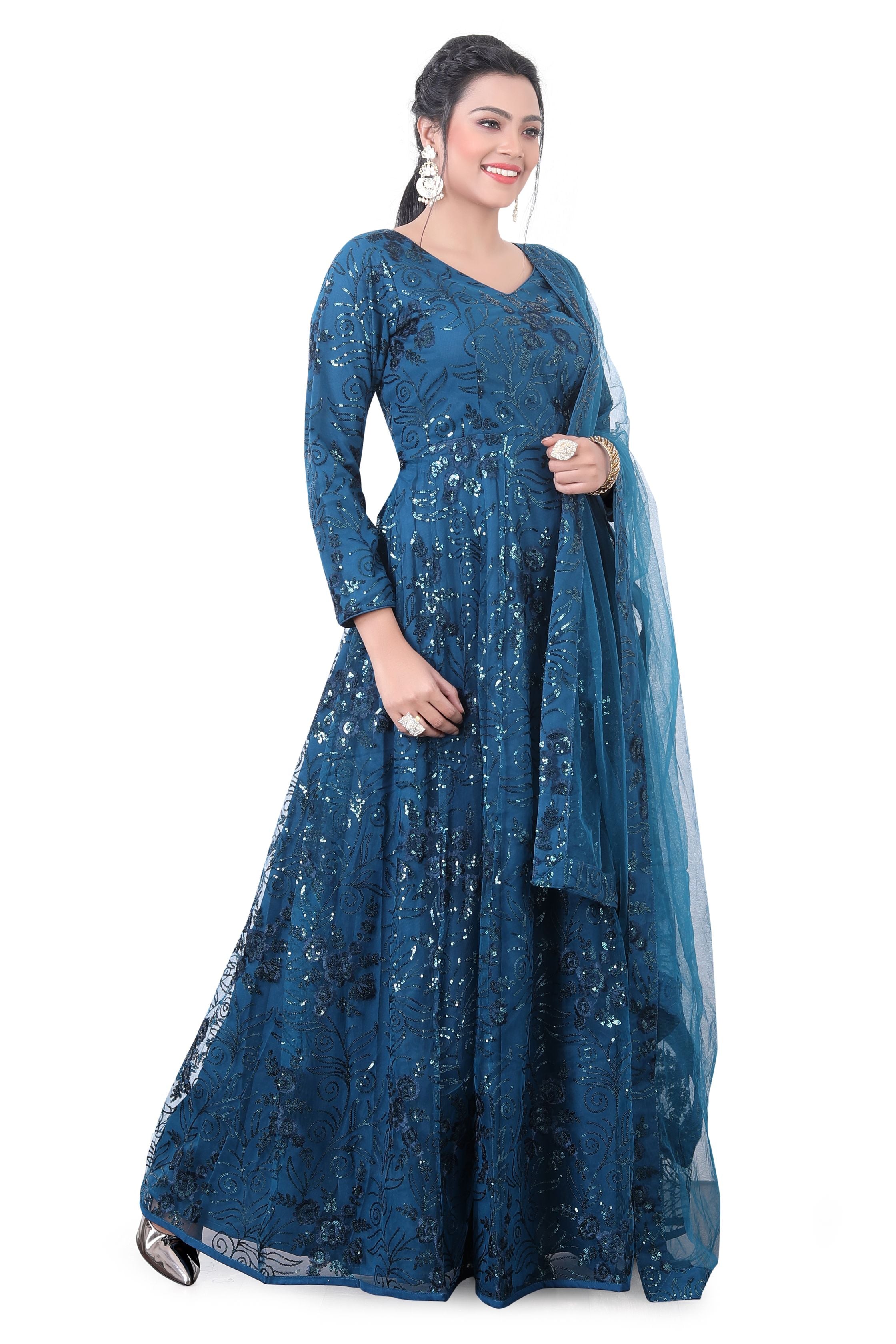 Peacock Blue Anarkali Net Gown