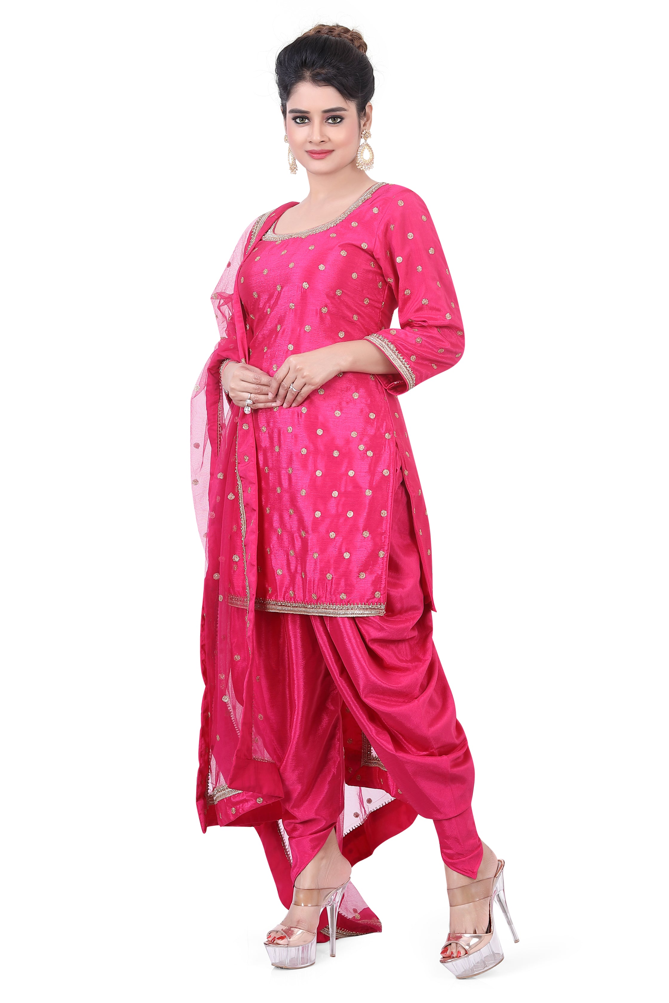 Pink Chinon Dhoti Suit