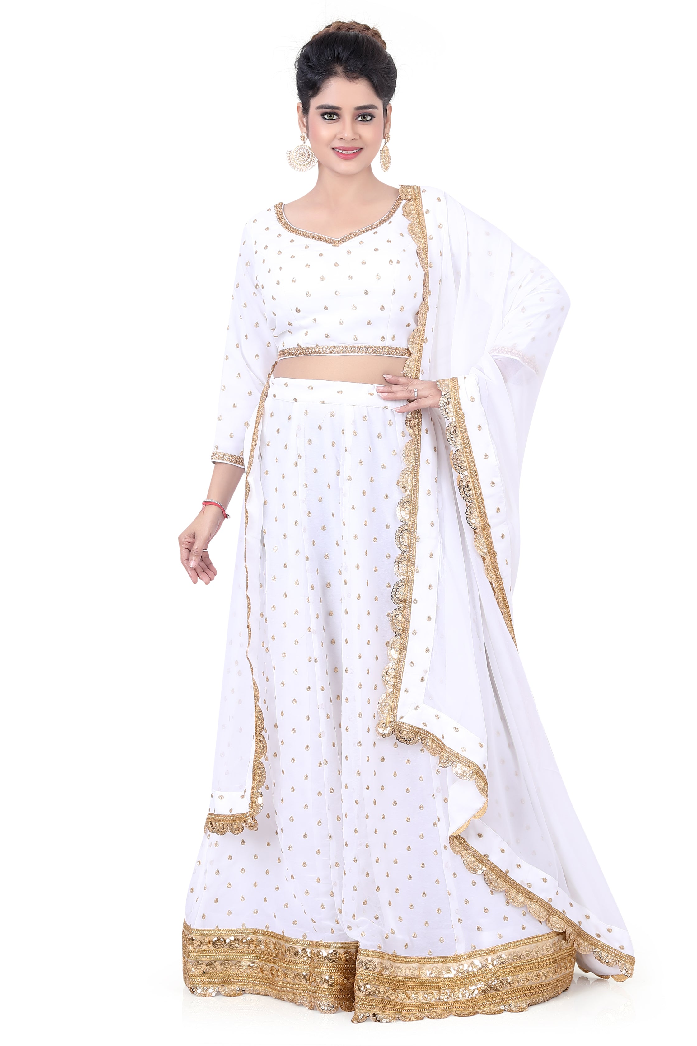 White Georgette Partywear Embroidered Lehenga Choli -LC3045