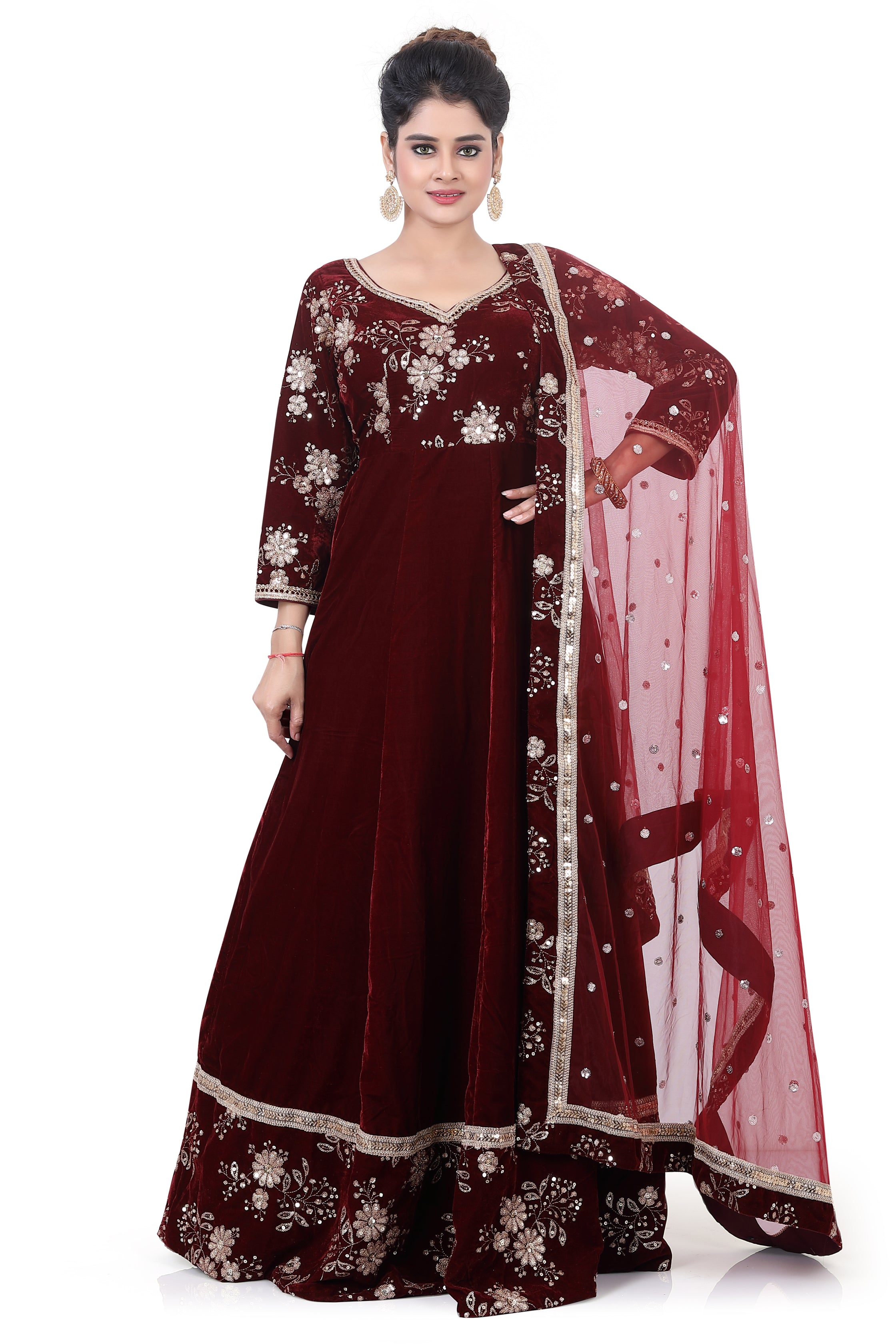 Maroon Embroidered Velvet Gown - Premium Partywear Gown from Dulhan Exclusives - Just $289! Shop now at Dulhan Exclusives