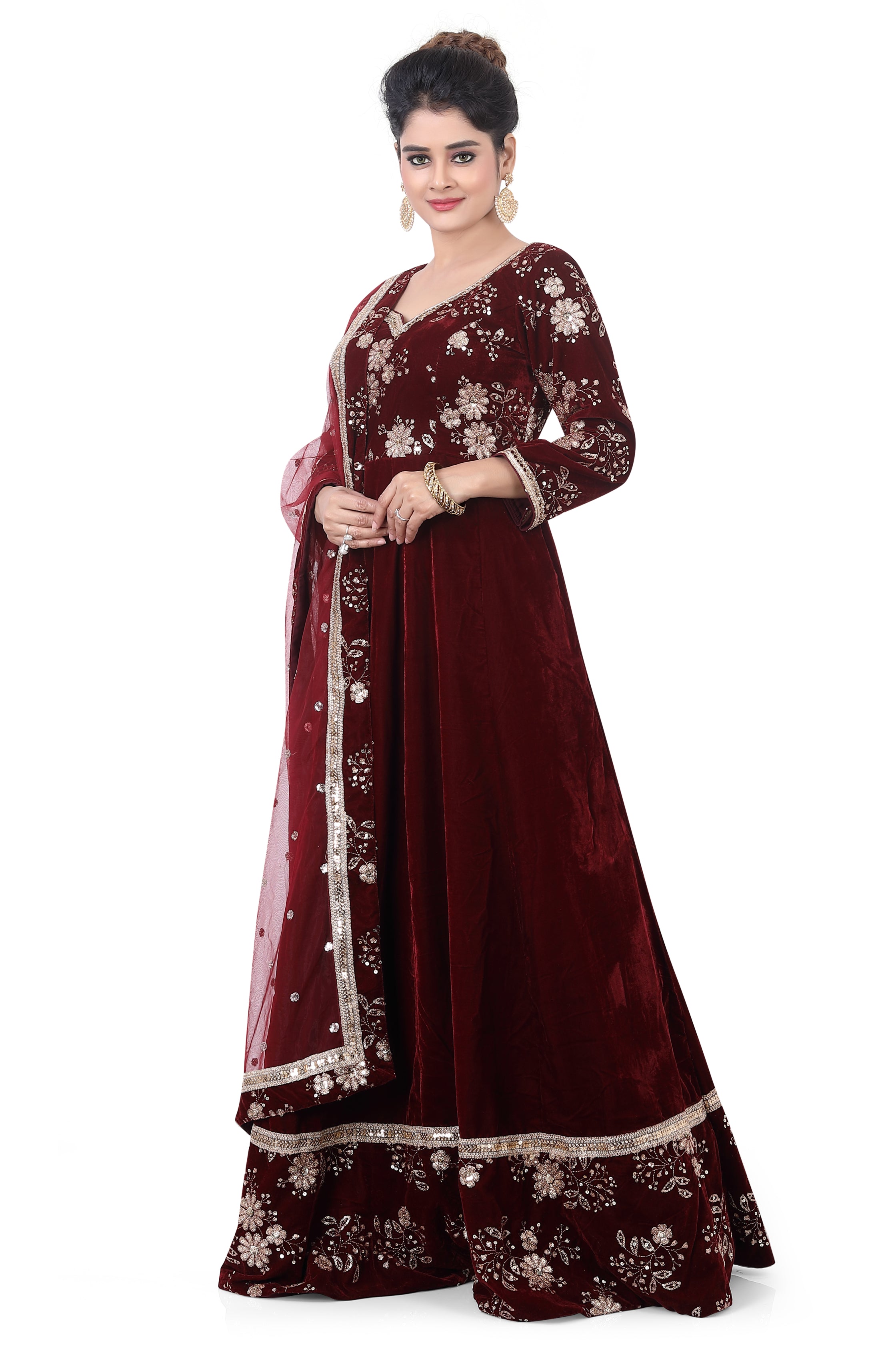 Maroon Embroidered Velvet Gown