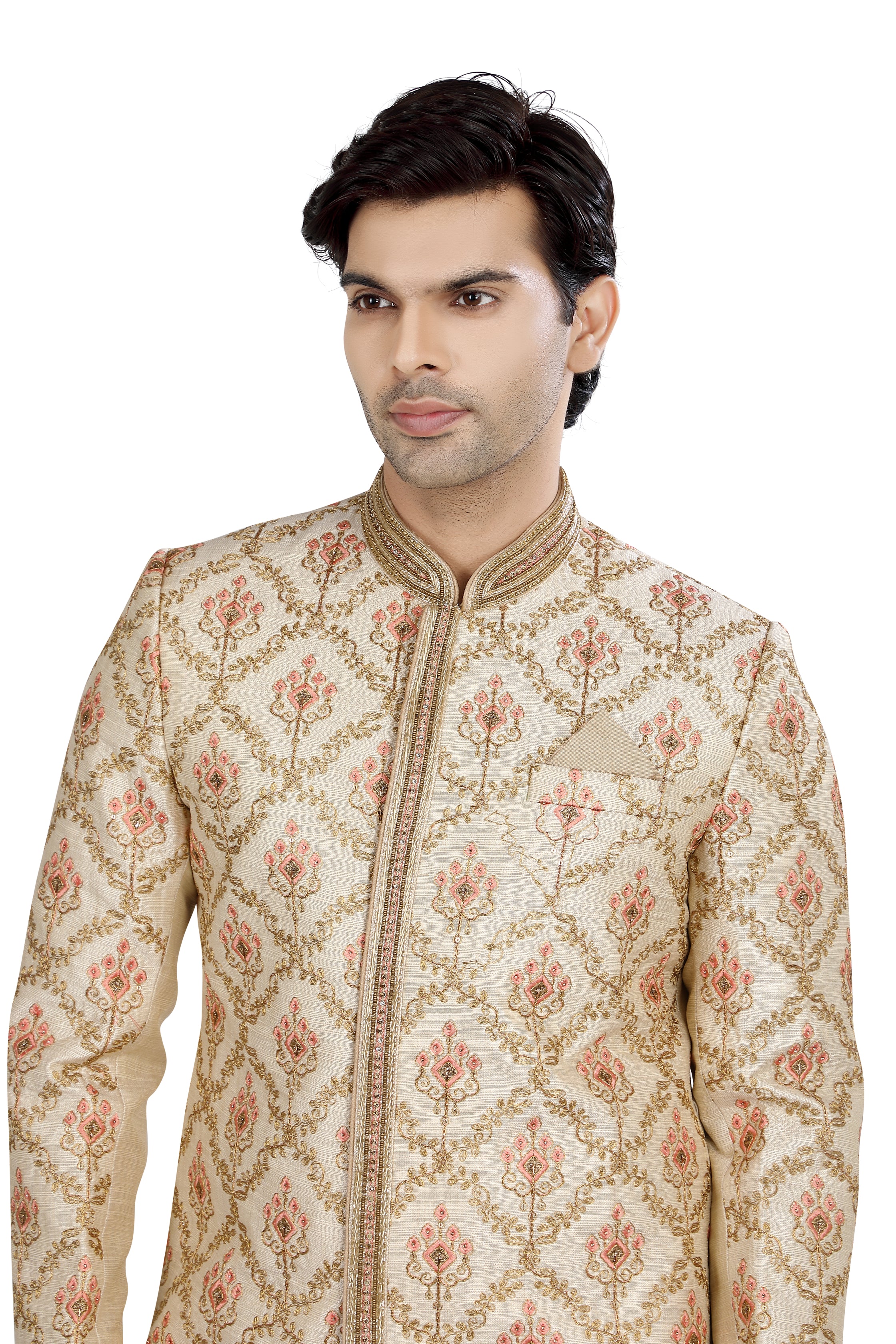 Cream Silk Sherwani with coral color embroidery and hand work SU-D-11