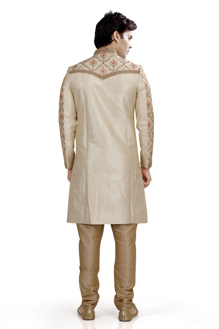 Cream Silk Sherwani with coral color embroidery and hand work SU-D-11