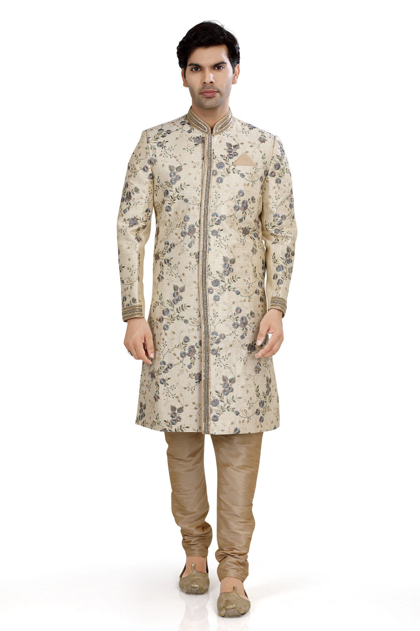 Cream Silk Sherwani with Grey Embroidery  D NO.  SU-D-1