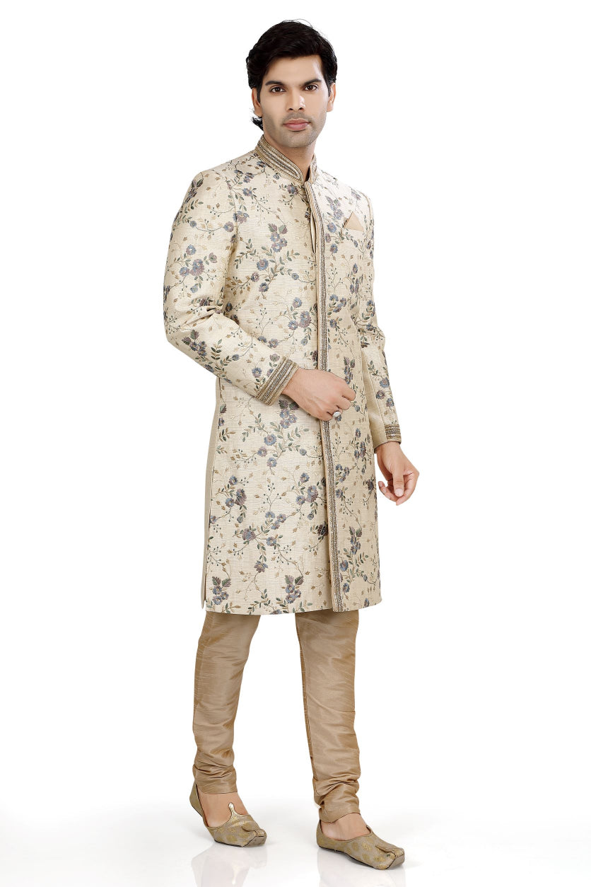 Cream Silk Sherwani with Grey Embroidery  D NO.  SU-D-1