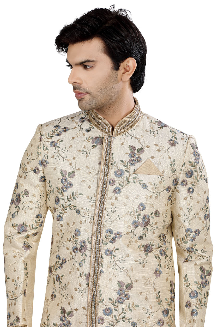 Cream Silk Sherwani with Grey Embroidery  D NO.  SU-D-1