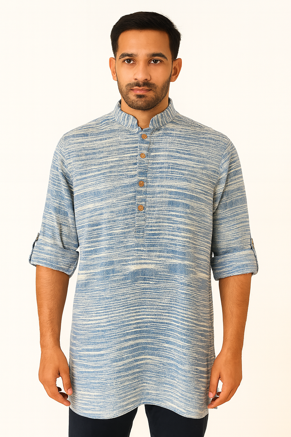 Men's Khadi Handwoven Short Kurta Blue