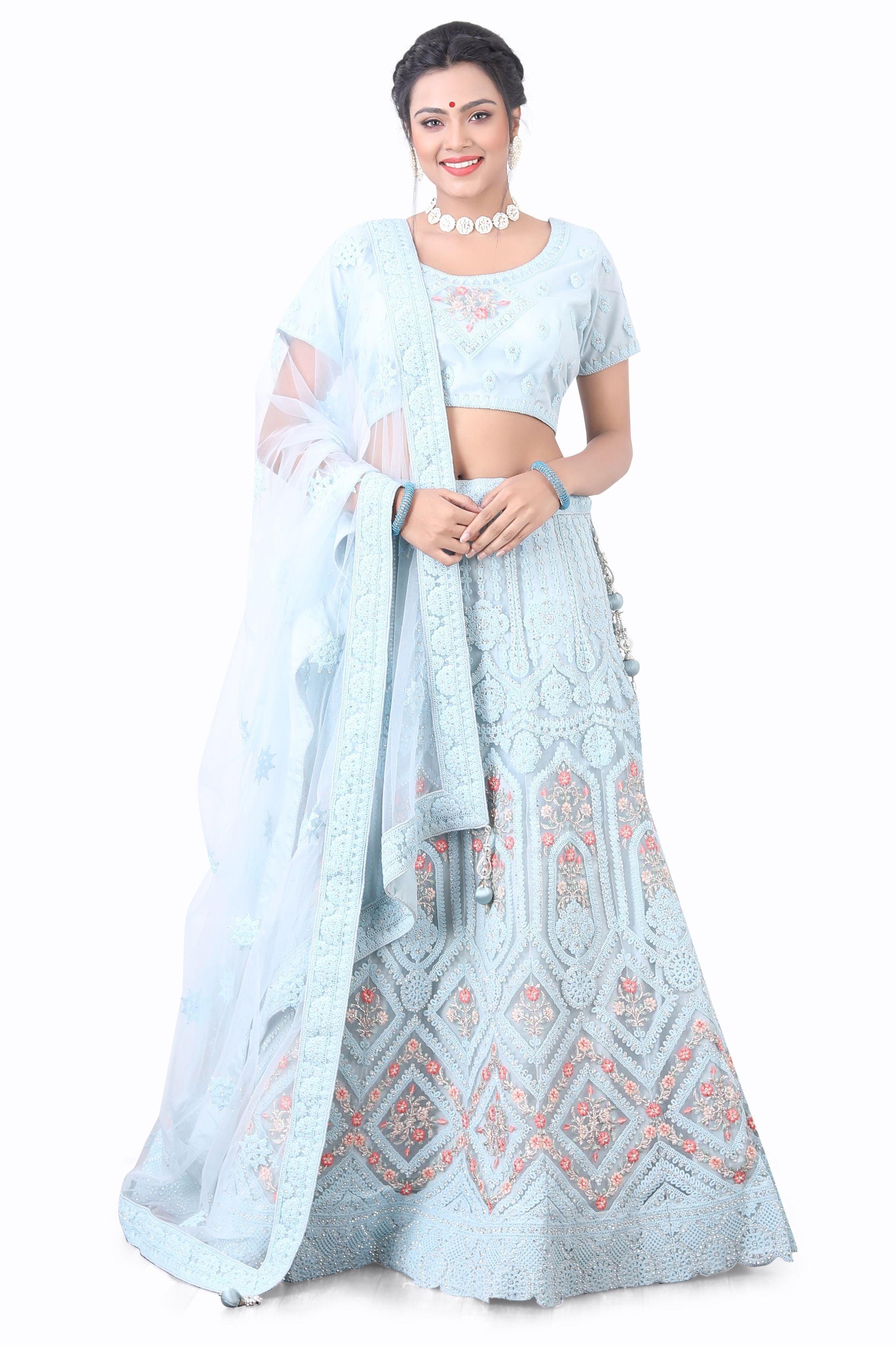Sky Blue Net Lehenga Choli - Premium Bridal lehenga from Dulhan Exclusives - Just $785! Shop now at Dulhan Exclusives