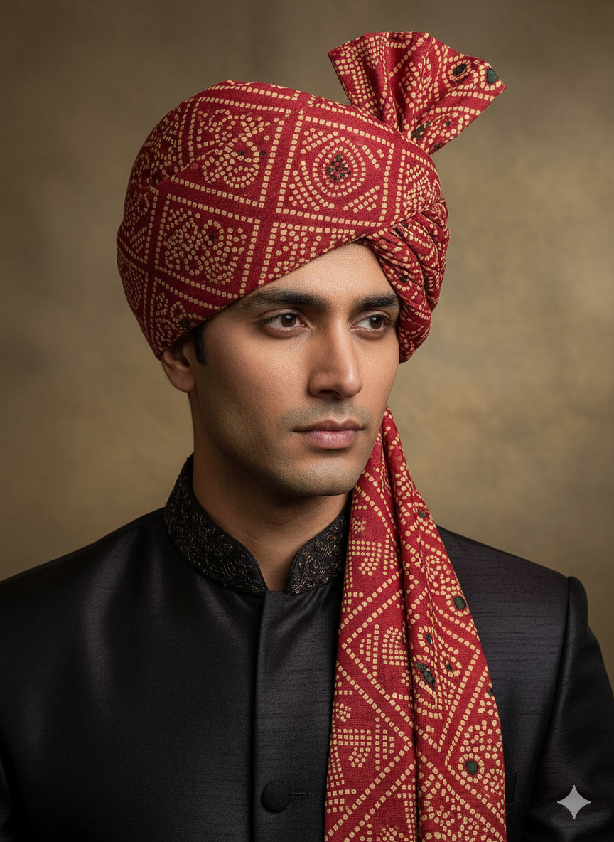 Traditional Bandhani Turban – Red Premium Groom Pagdi for Weddings & Barati Safa - Premium pagdi from Dapper Ethnic - Just $30! Shop now at Dulhan Exclusives