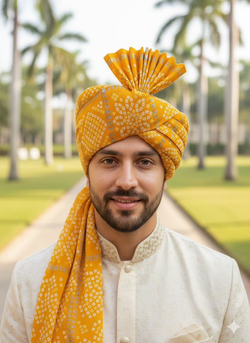 Traditional Bandhani Turban – Yellow Premium Groom Pagdi for Weddings & Barati Safa - Premium pagdi from Dapper Ethnic - Just $30! Shop now at Dulhan Exclusives