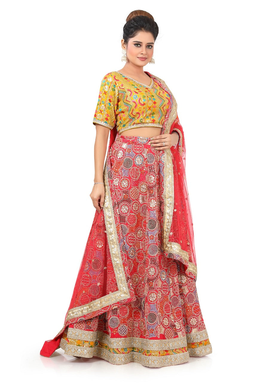 Yellow-Pink MUlti-thread Embroidered Lehenga Choli - Premium Partywear Lehenga from Dulhan Exclusives - Just $485! Shop now at Dulhan Exclusives