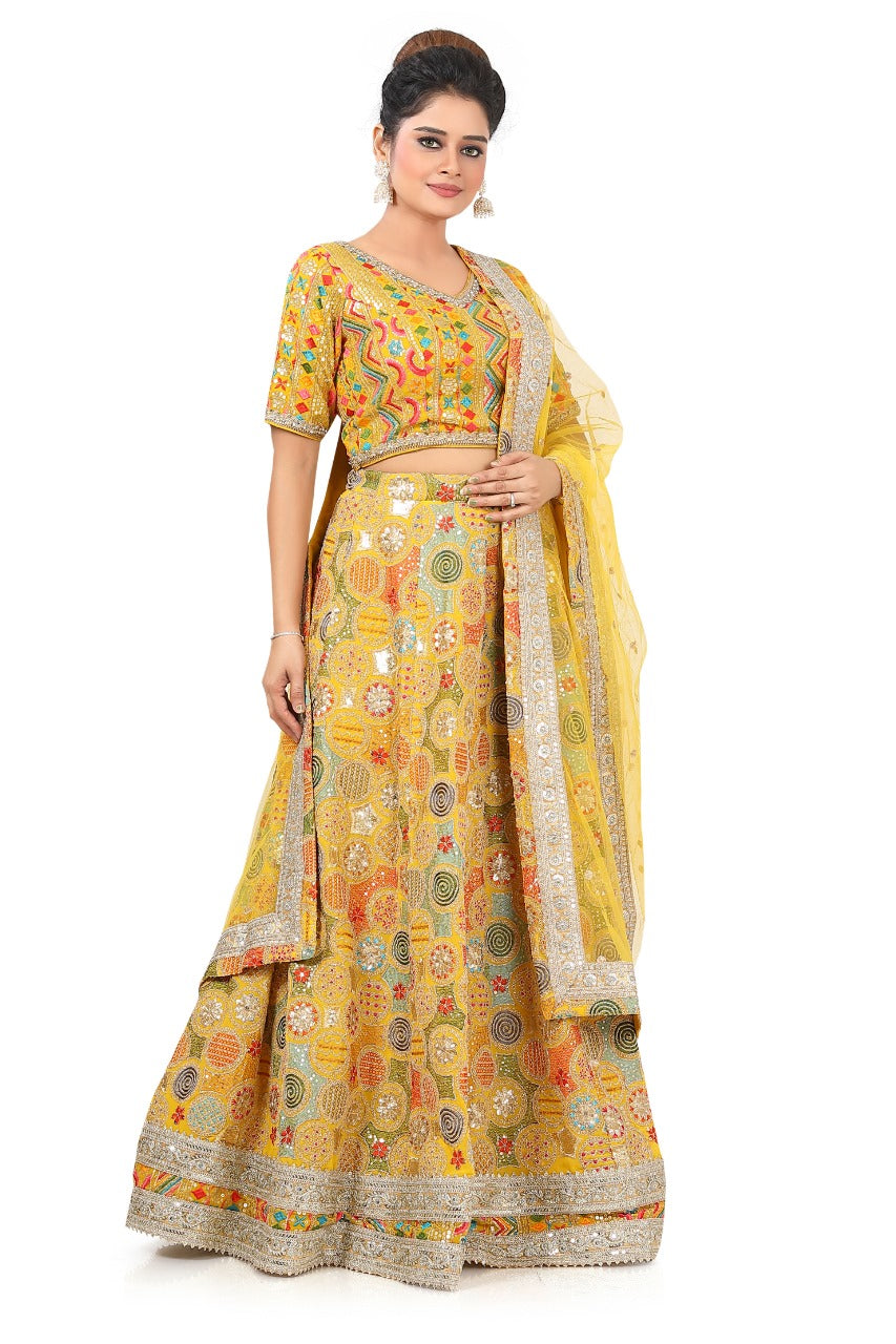 Yellow Lehenga Choli with Multi-thread Embroidery - Premium Partywear Lehenga from Dulhan Exclusives - Just $485! Shop now at Dulhan Exclusives