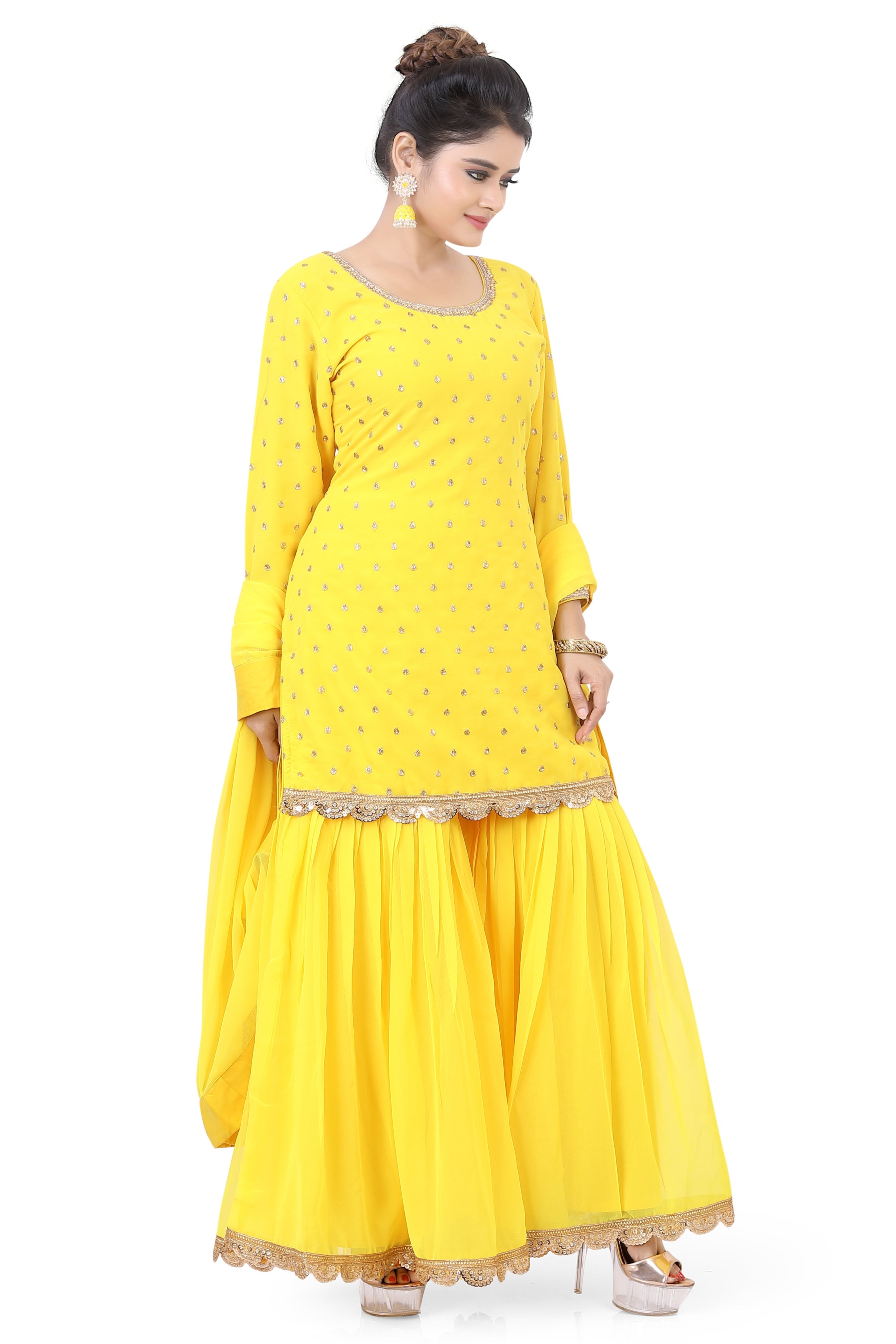 Yellow Straight Georgette Plazzo Set - Premium Festive Wear from Dulhan Exclusives - Just $199! Shop now at Dulhan Exclusives