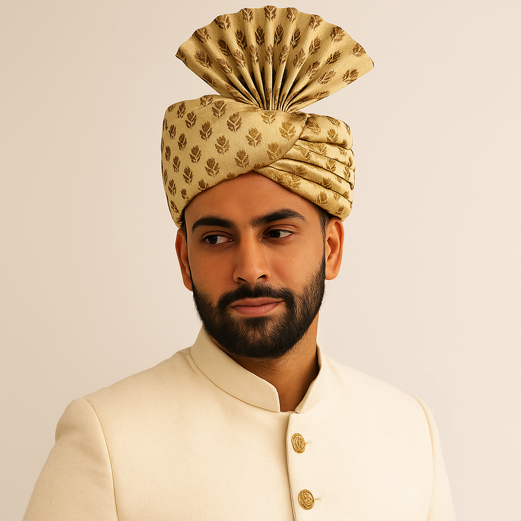 Traditional Royal Turban – Gold Premium Groom Pagdi for Weddings & Barati Safa - Premium pagdi from Dapper Ethnic - Just $60! Shop now at Dulhan Exclusives