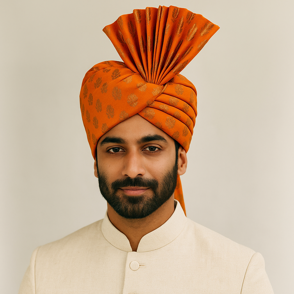 Traditional Royal Turban – Orange Premium Groom Pagdi for Weddings & Barati Safa - Premium pagdi from Dapper Ethnic - Just $60! Shop now at Dulhan Exclusives