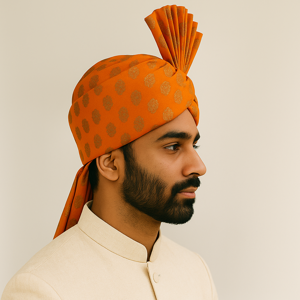 Traditional Royal Turban – Orange Premium Groom Pagdi for Weddings & Barati Safa - Premium pagdi from Dapper Ethnic - Just $60! Shop now at Dulhan Exclusives