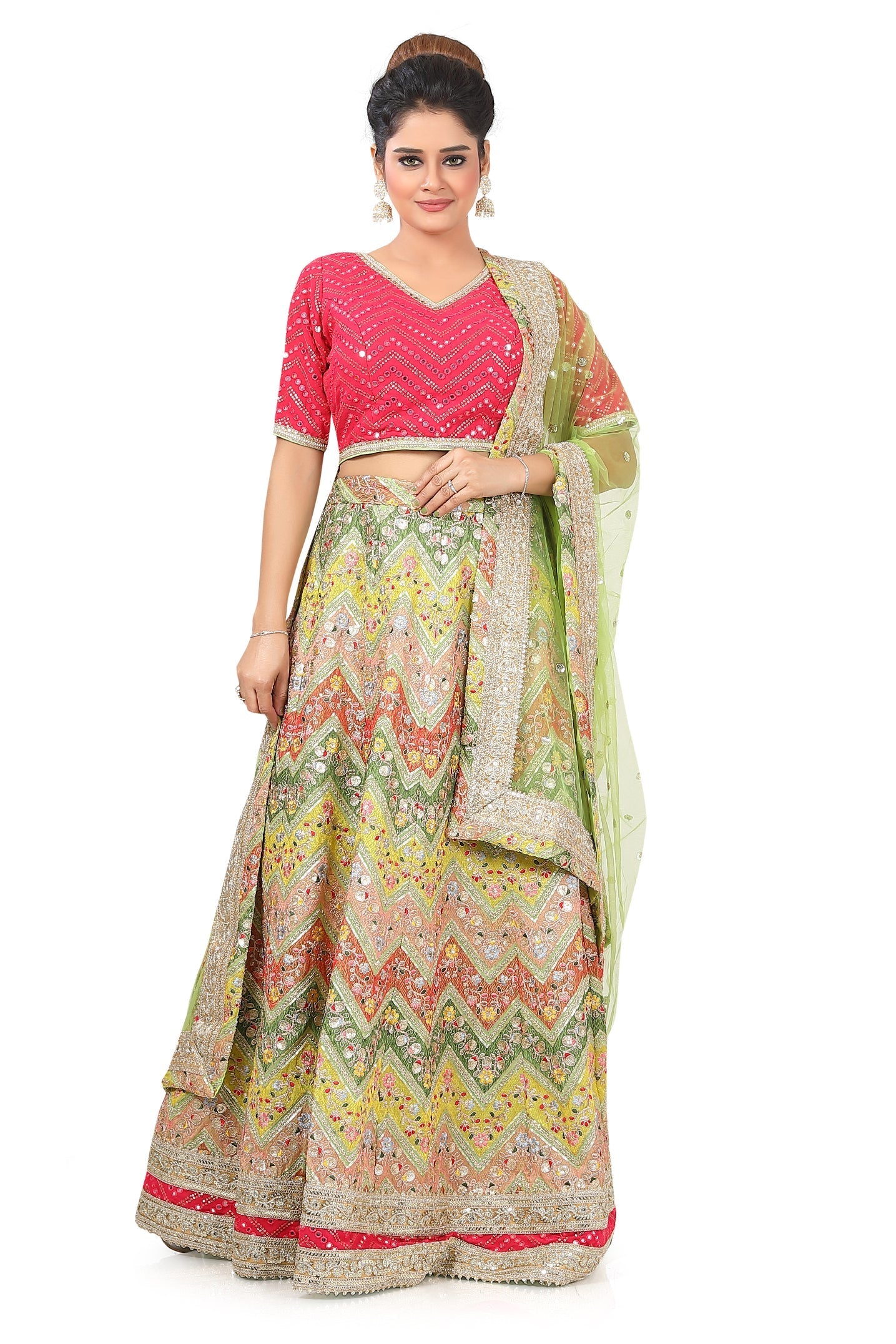 Pink-Green Multi-thread Embroidered Lehenga Choli - Premium Partywear Lehenga from Dulhan Exclusives - Just $485! Shop now at Dulhan Exclusives