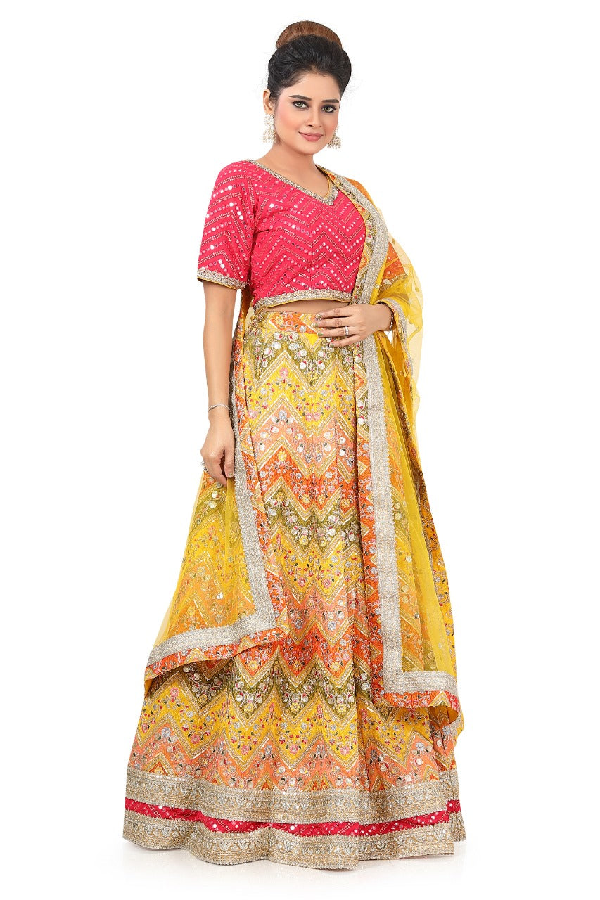 Pink-Yellow Multi-thread Embroidered Lehenga Choli - Premium Partywear Lehenga from Dulhan Exclusives - Just $485! Shop now at Dulhan Exclusives