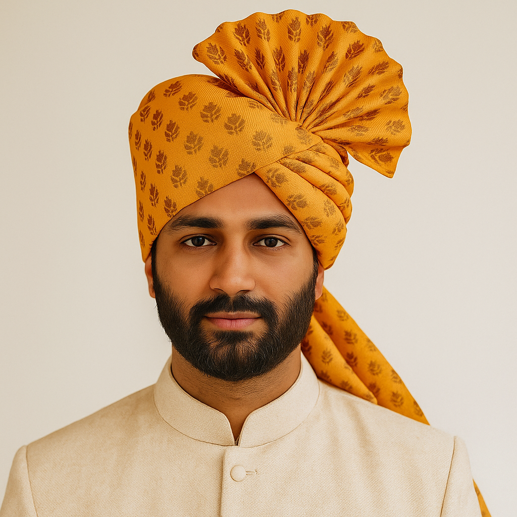 Traditional Royal Turban – Yellow Premium Groom Pagdi for Weddings & Barati Safa - Premium pagdi from Dapper Ethnic - Just $60! Shop now at Dulhan Exclusives