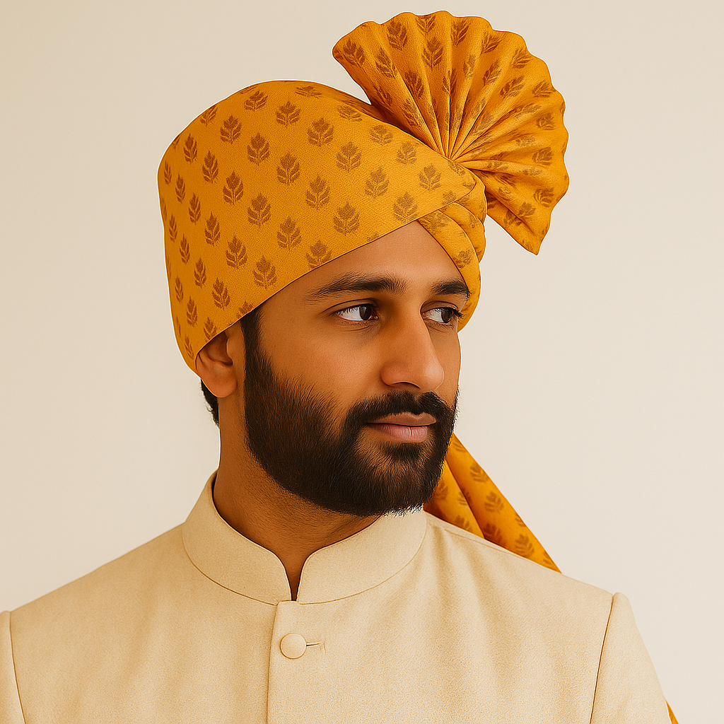 Traditional Royal Turban – Yellow Premium Groom Pagdi for Weddings & Barati Safa - Premium pagdi from Dapper Ethnic - Just $60! Shop now at Dulhan Exclusives