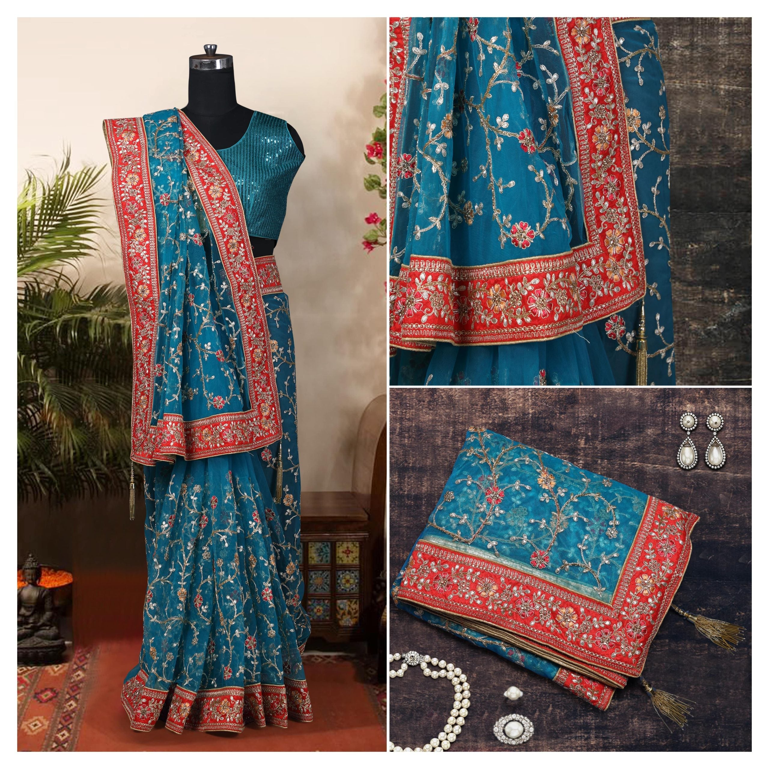 Sea Blue Net Saree