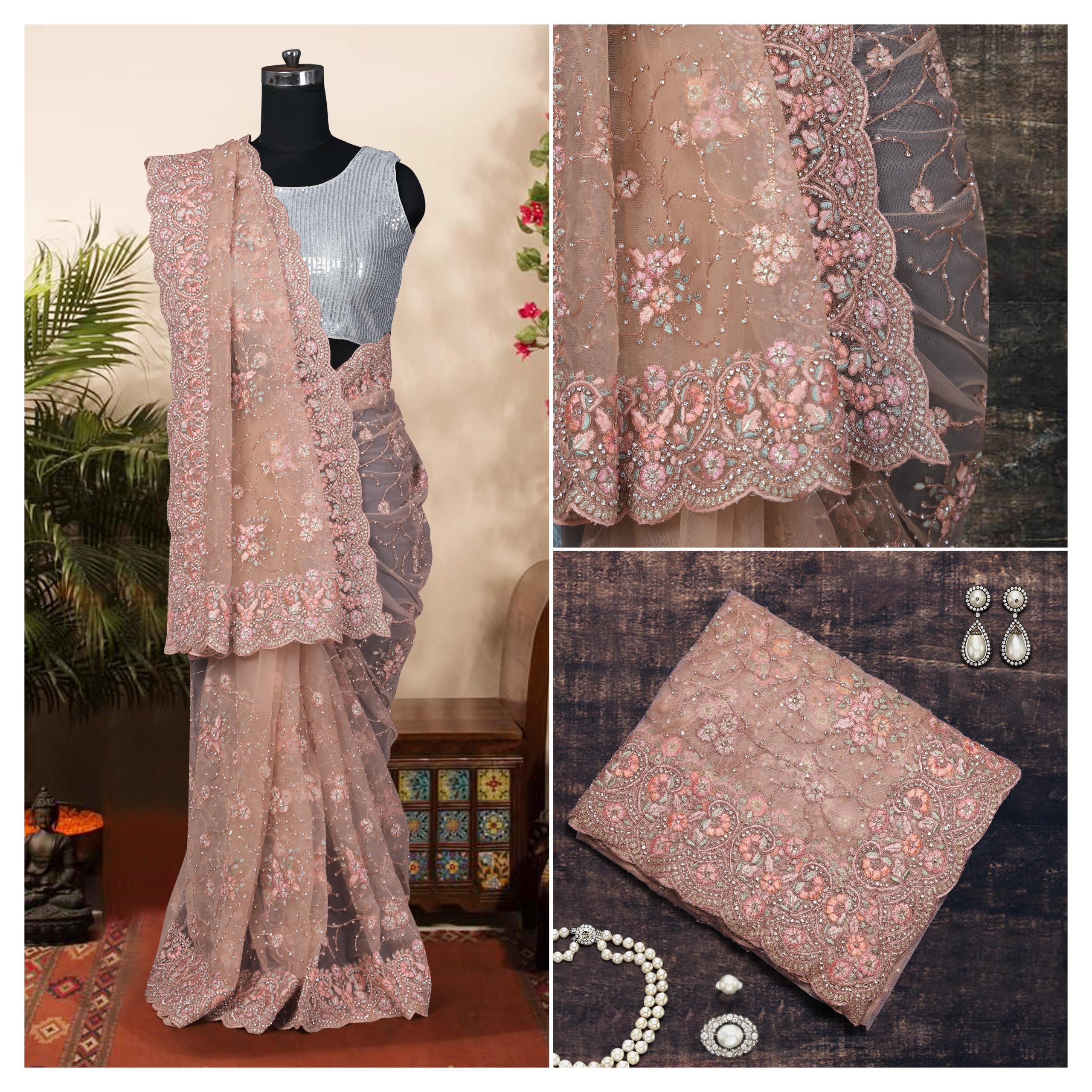 Partywear Classic Saree With Embroidery Work in Peach Color - (Jasmine)