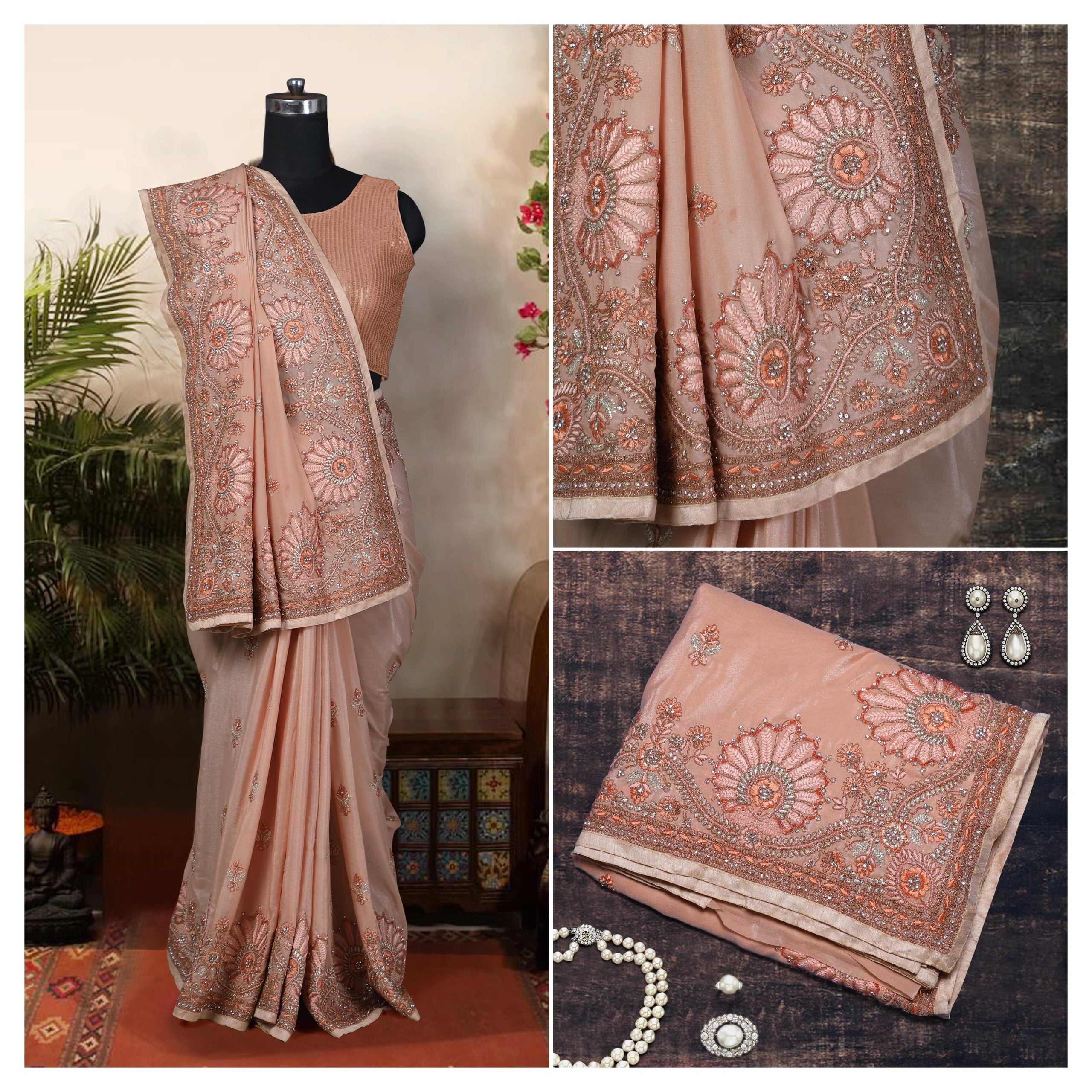 Peach Crepe Saree