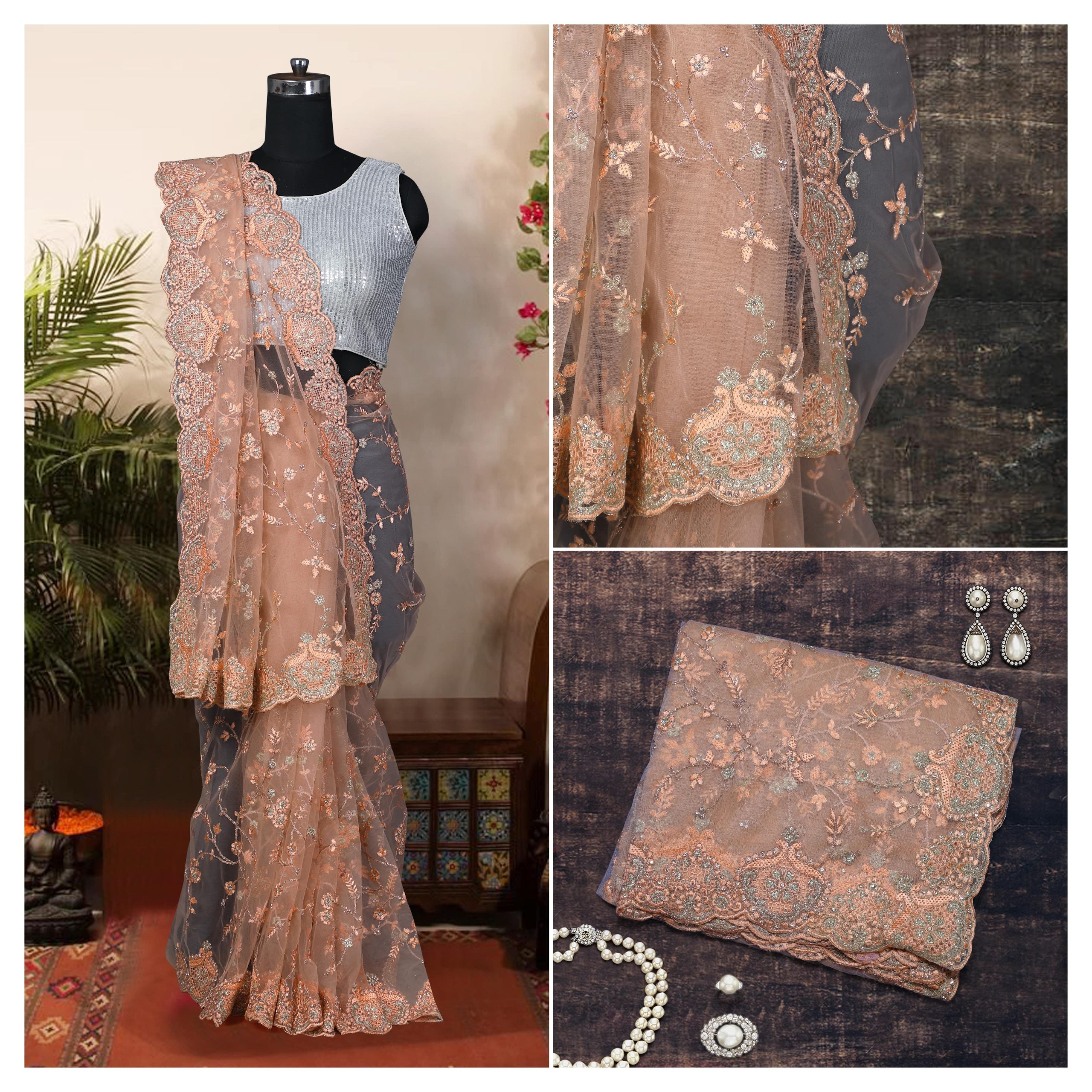 Classic Peach Net Saree - Premium Saree from Dulhan Exclusives - Just $181! Shop now at Dulhan Exclusives