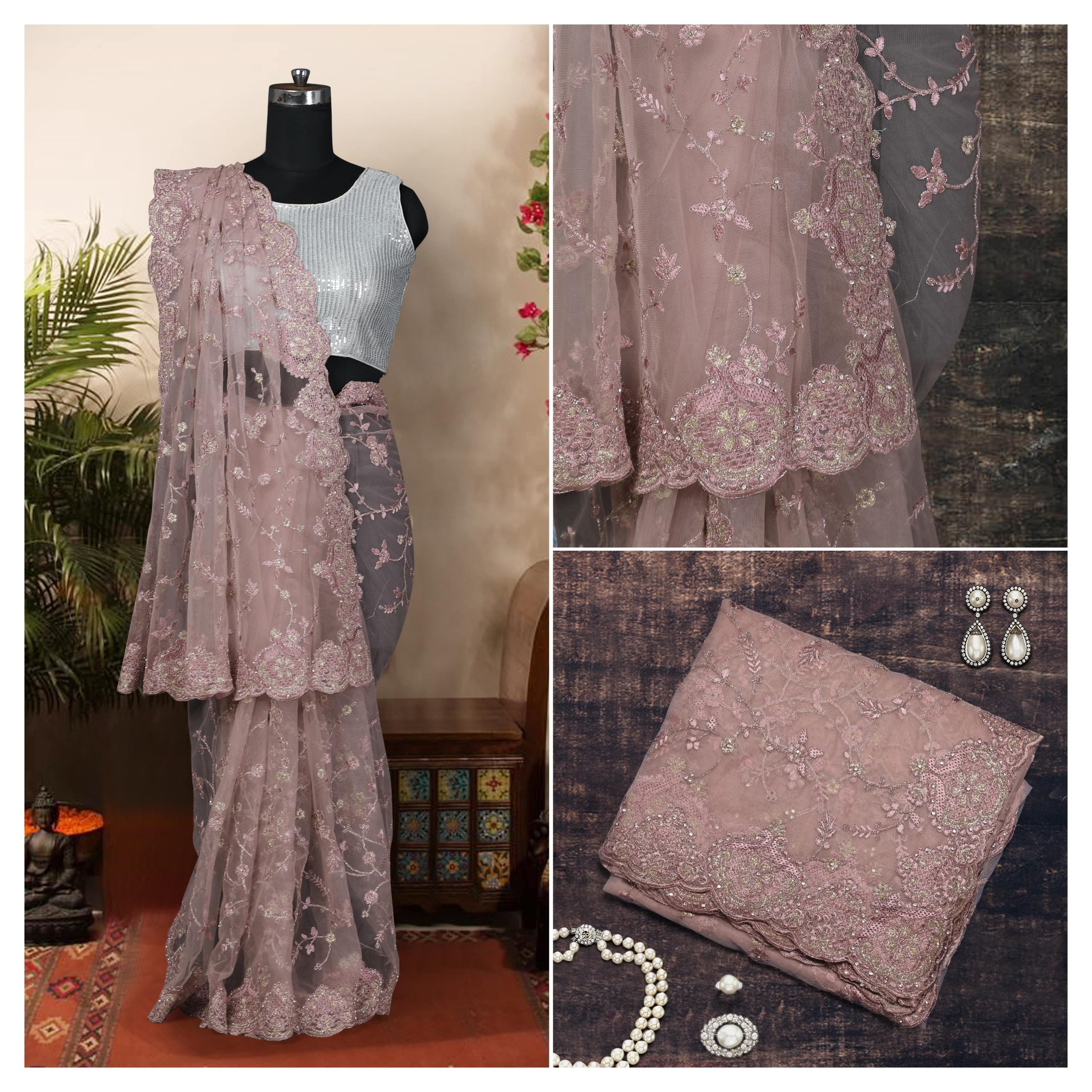 Net Embroidery Work Saree With Blouse - (Priya - 2)