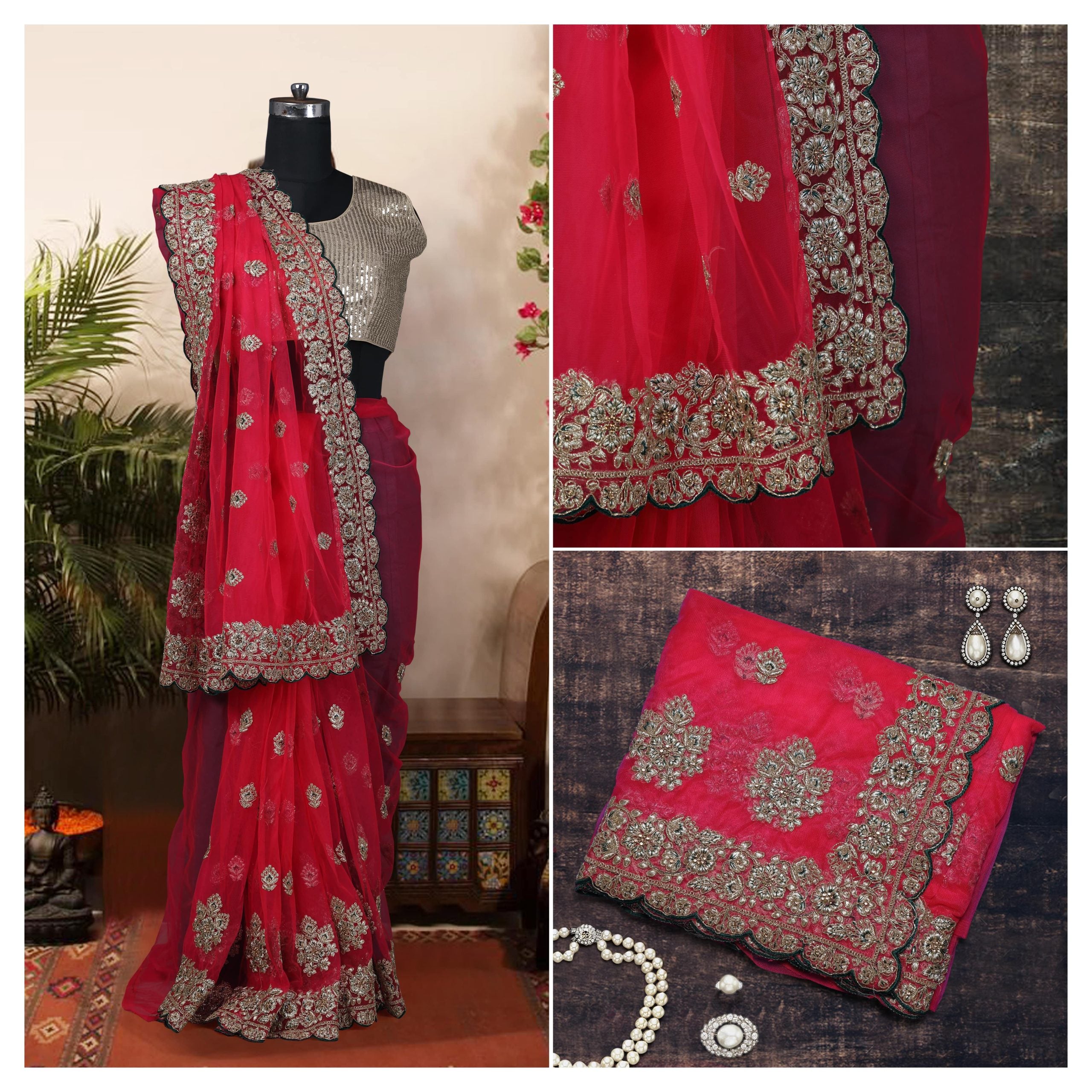 Red Embroidered Net Saree