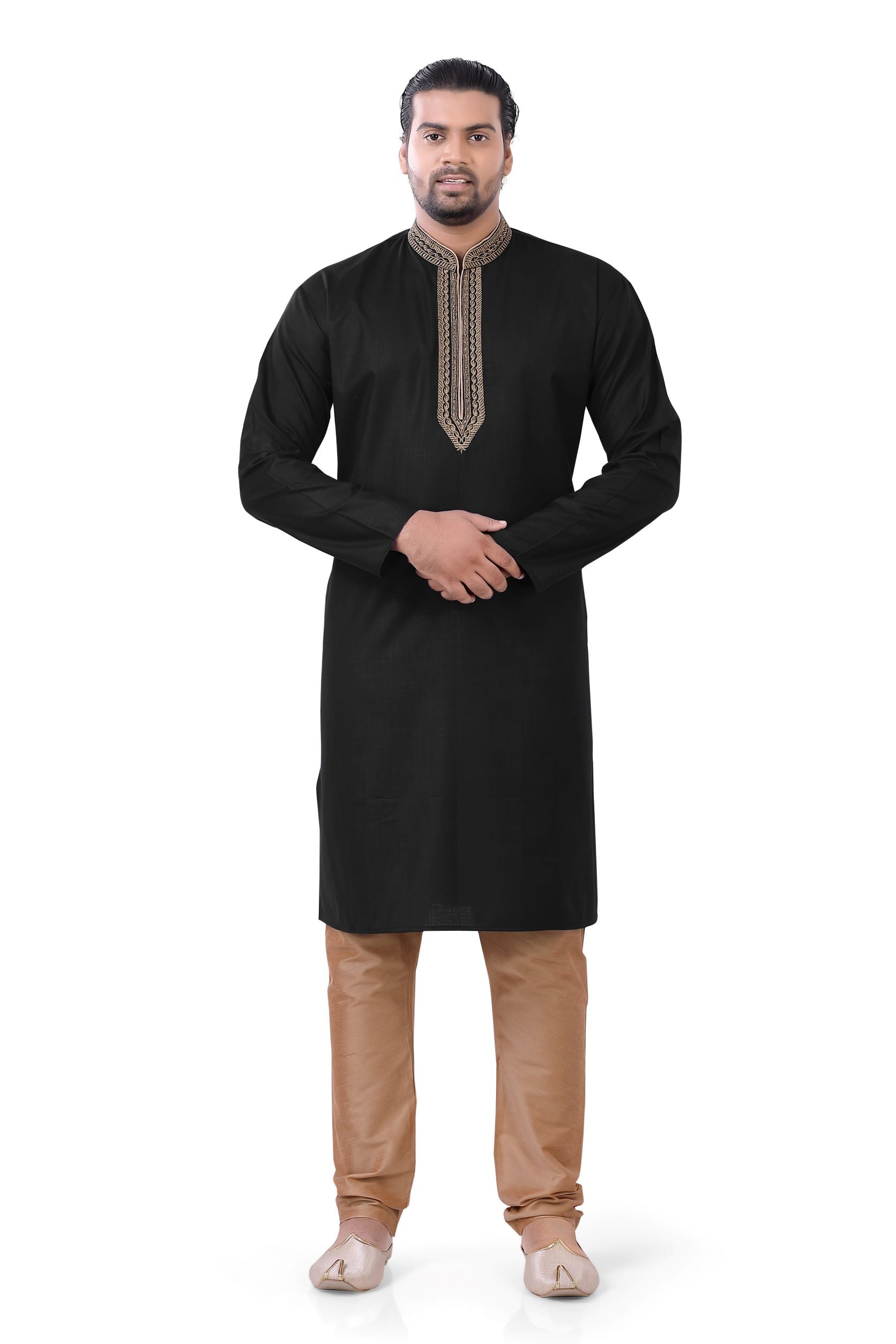 Plus size Cotton Embroidered Kurta Pajama set in Black