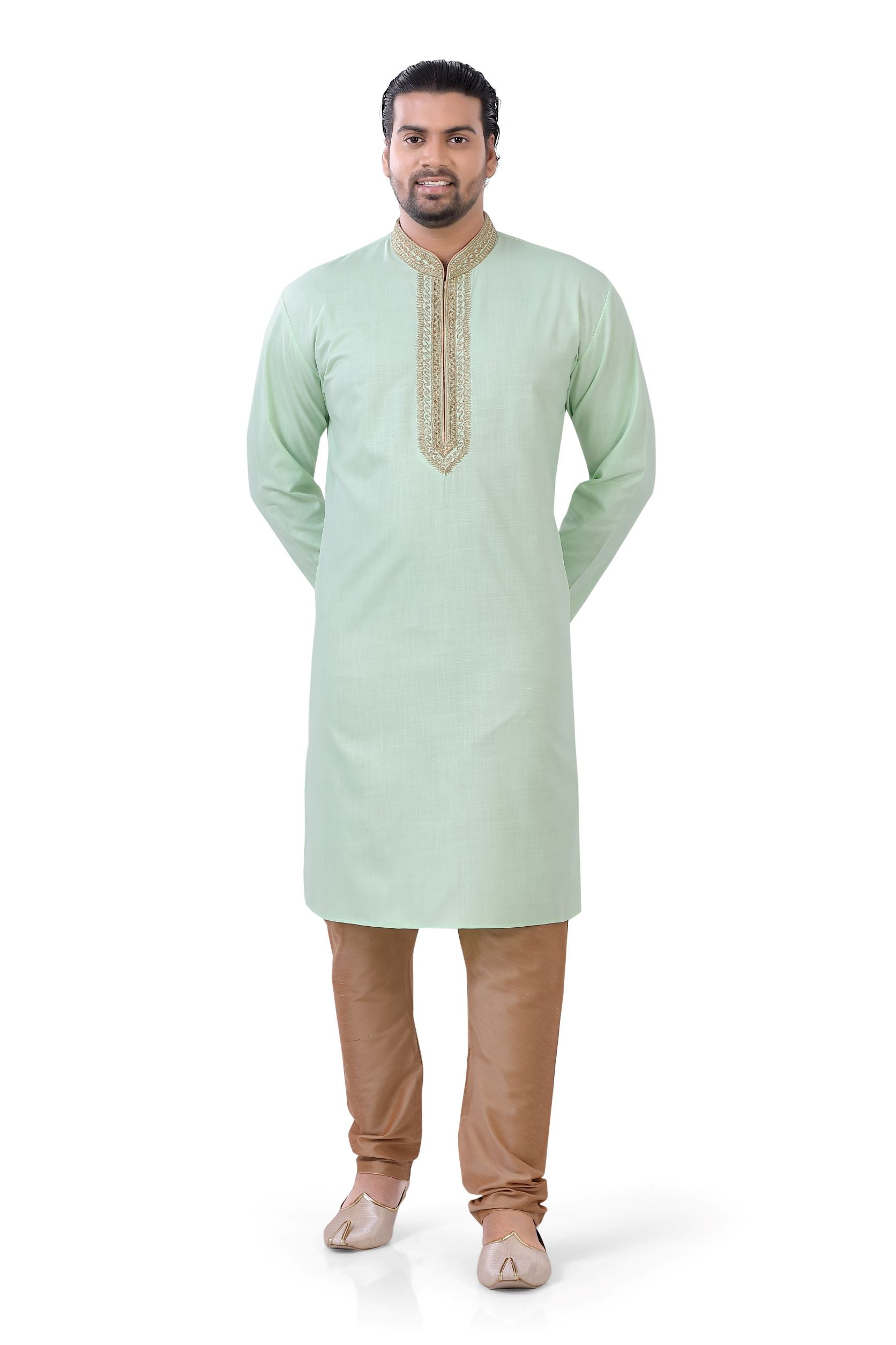 Plus size Cotton Embroidered Kurta Pajama set in Mint