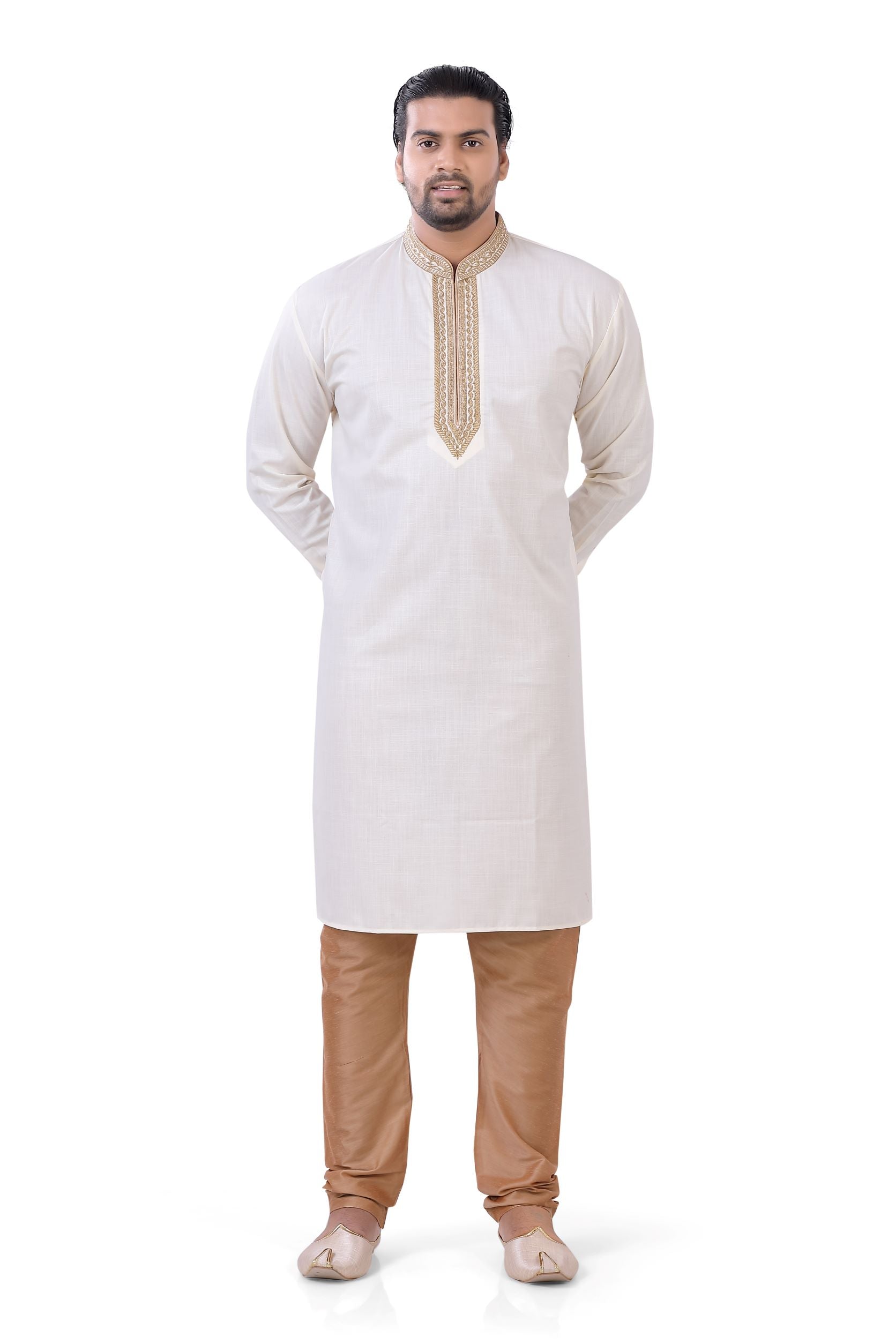 Plus size Cotton Embroidered Kurta Pajama set in Off White