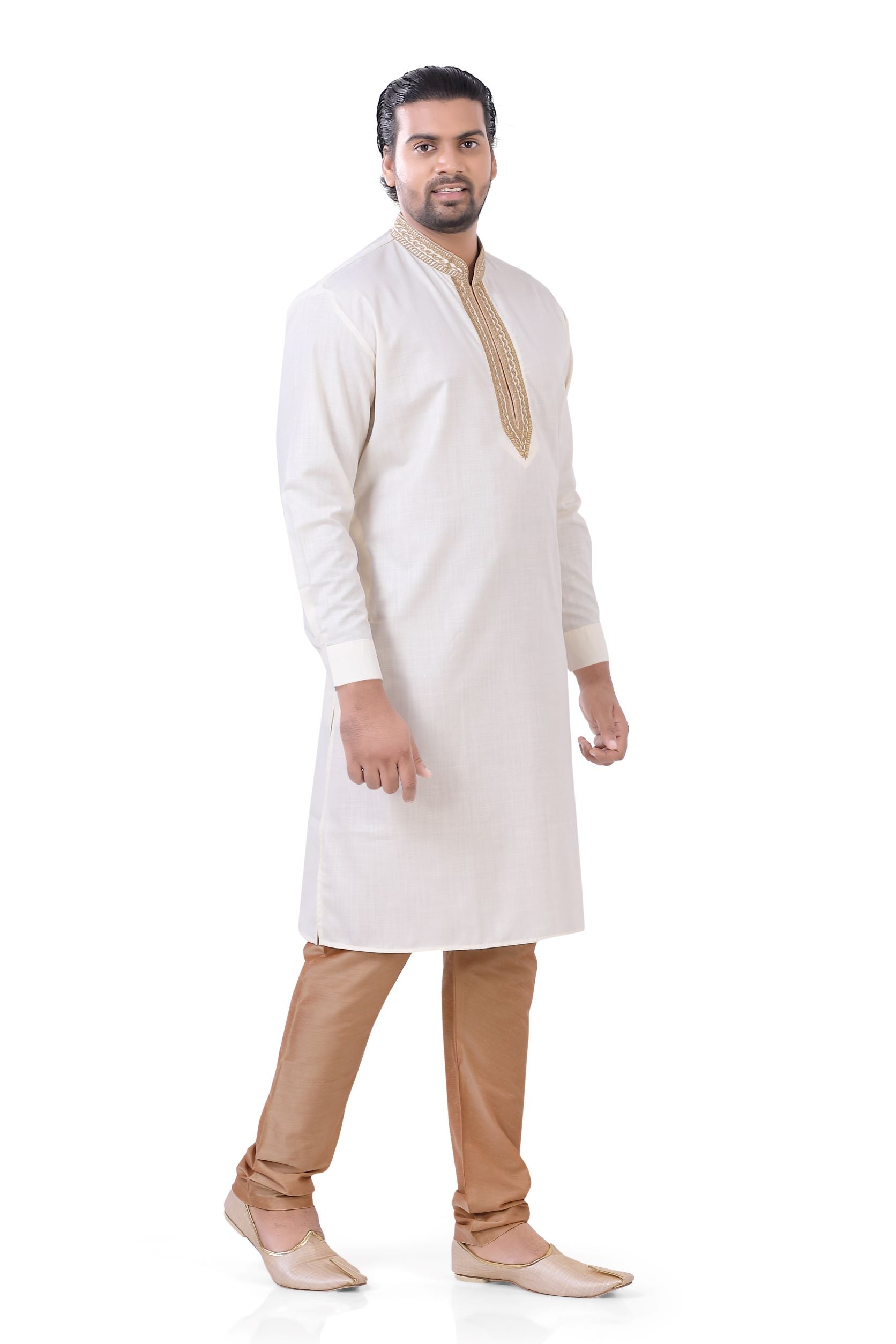 Plus size Cotton Embroidered Kurta Pajama set in Off White