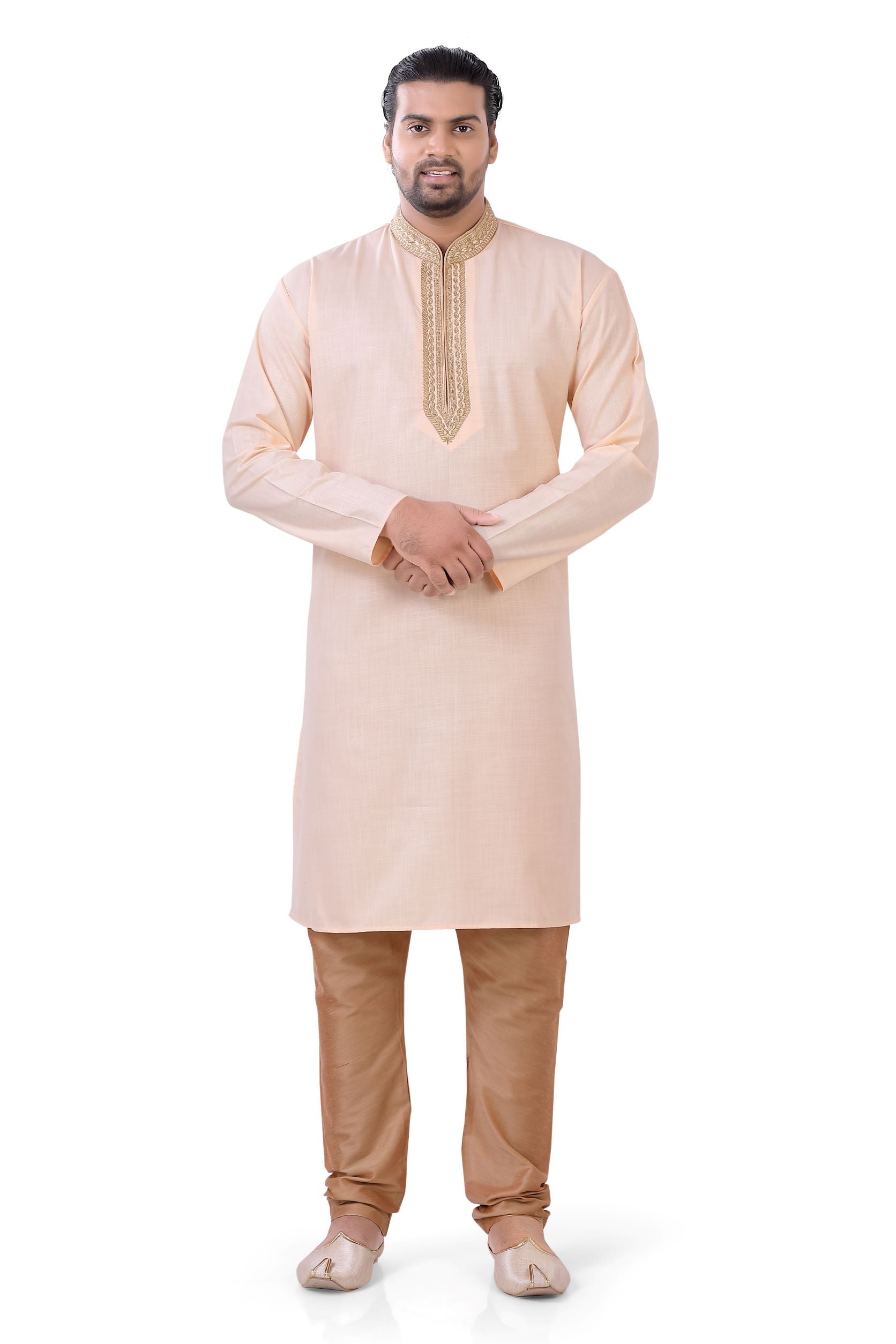 Plus size Cotton Embroidered Kurta Pajama set in Peach