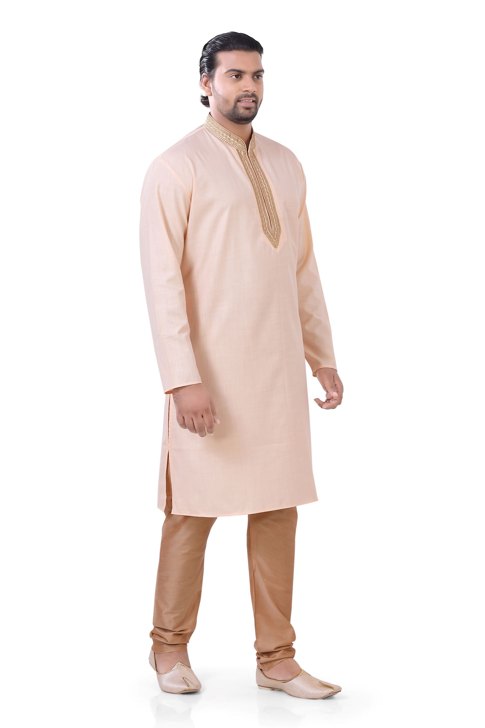 Plus size Cotton Embroidered Kurta Pajama set in Peach