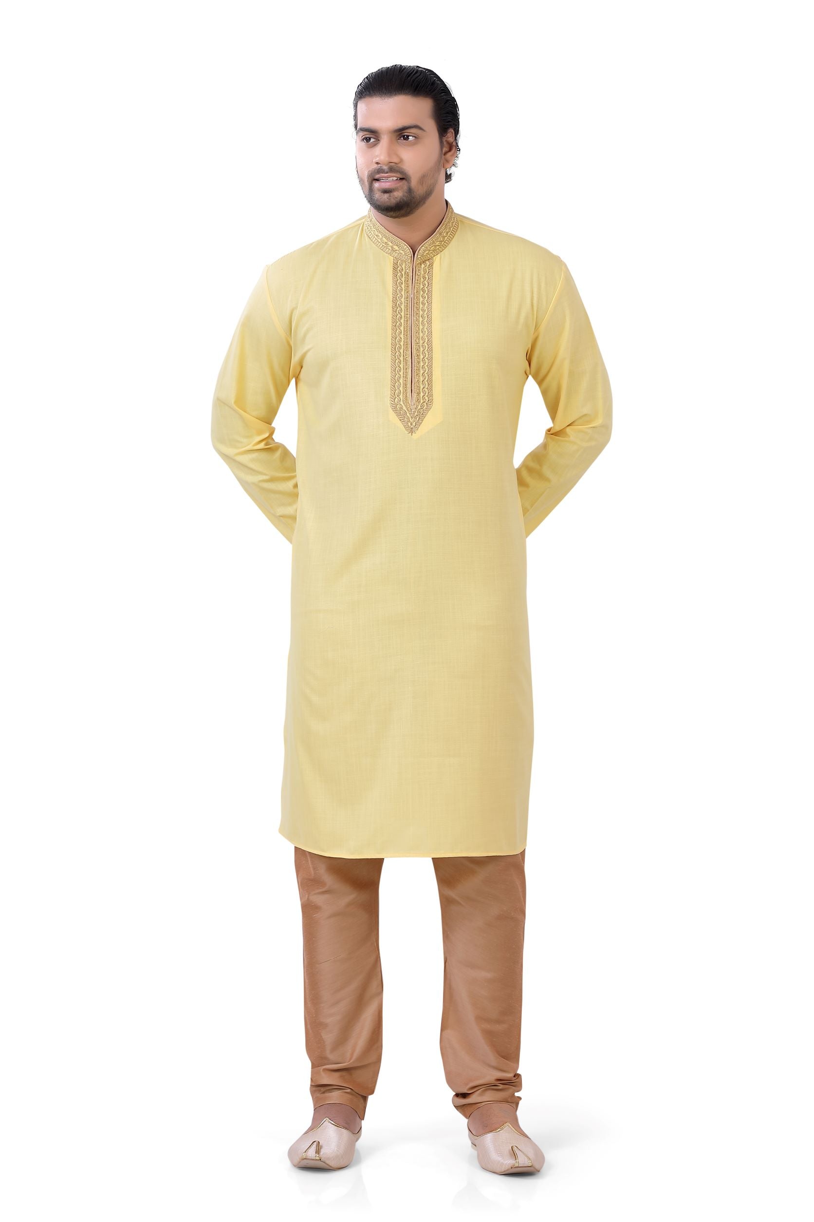 Plus size Cotton Embroidered Kurta Pajama set in Yellow - Premium kurta pajama from Dapper Ethnic - Just $79! Shop now at Dulhan Exclusives