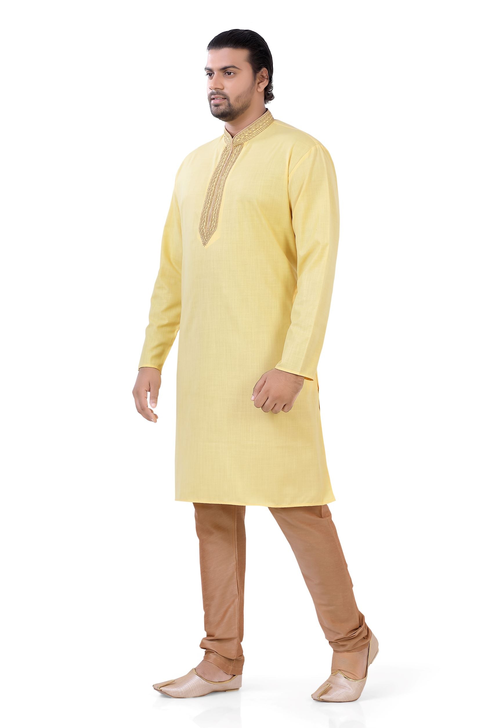 Plus size Cotton Embroidered Kurta Pajama set in Yellow