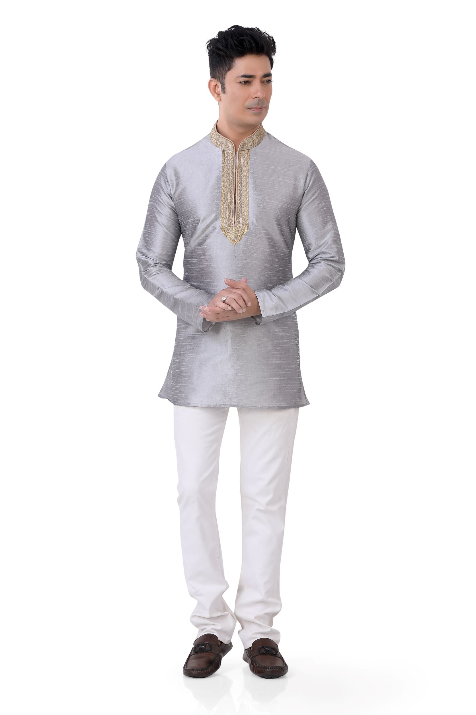 Banarasi Dupion Silk Short Kurta with embroidery in  Silver Grey