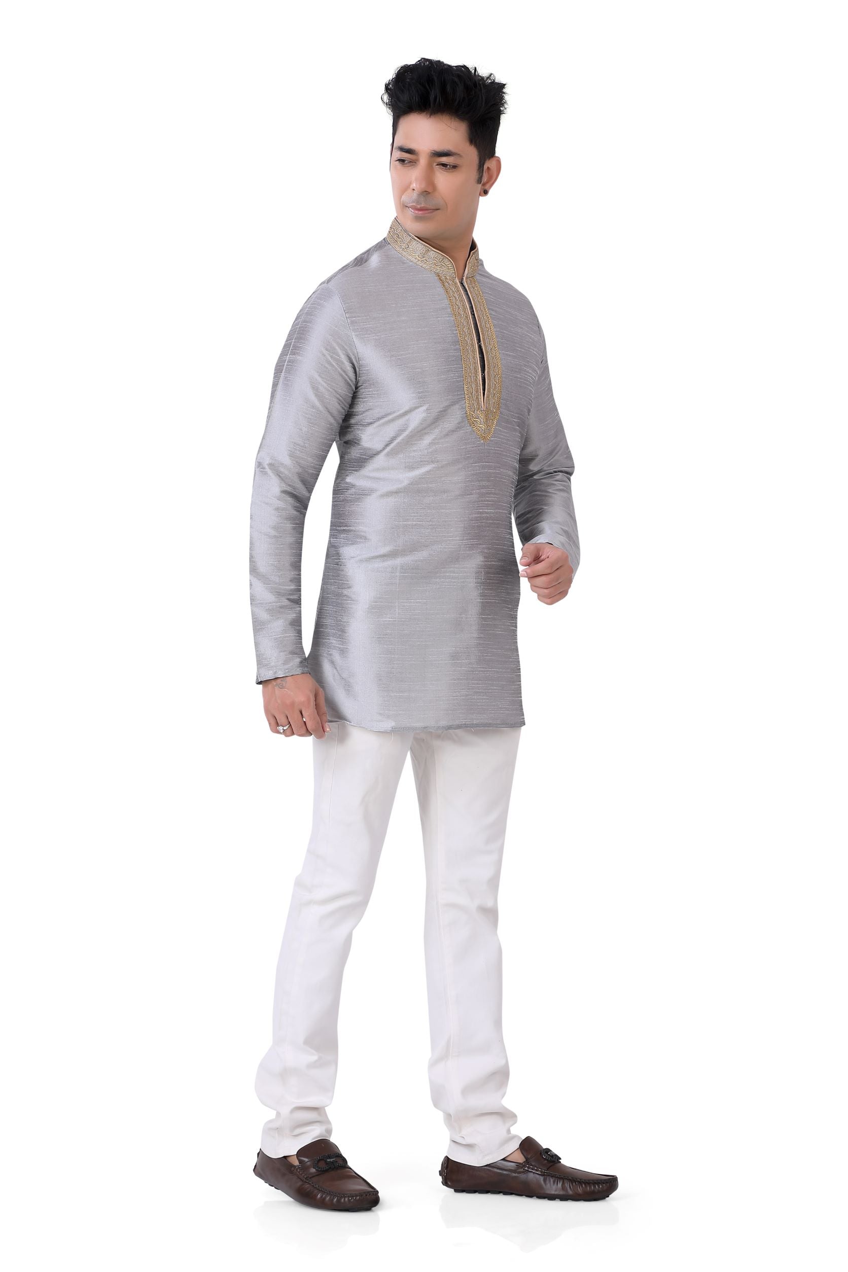 Banarasi Dupion Silk Short Kurta with embroidery in  Silver Grey