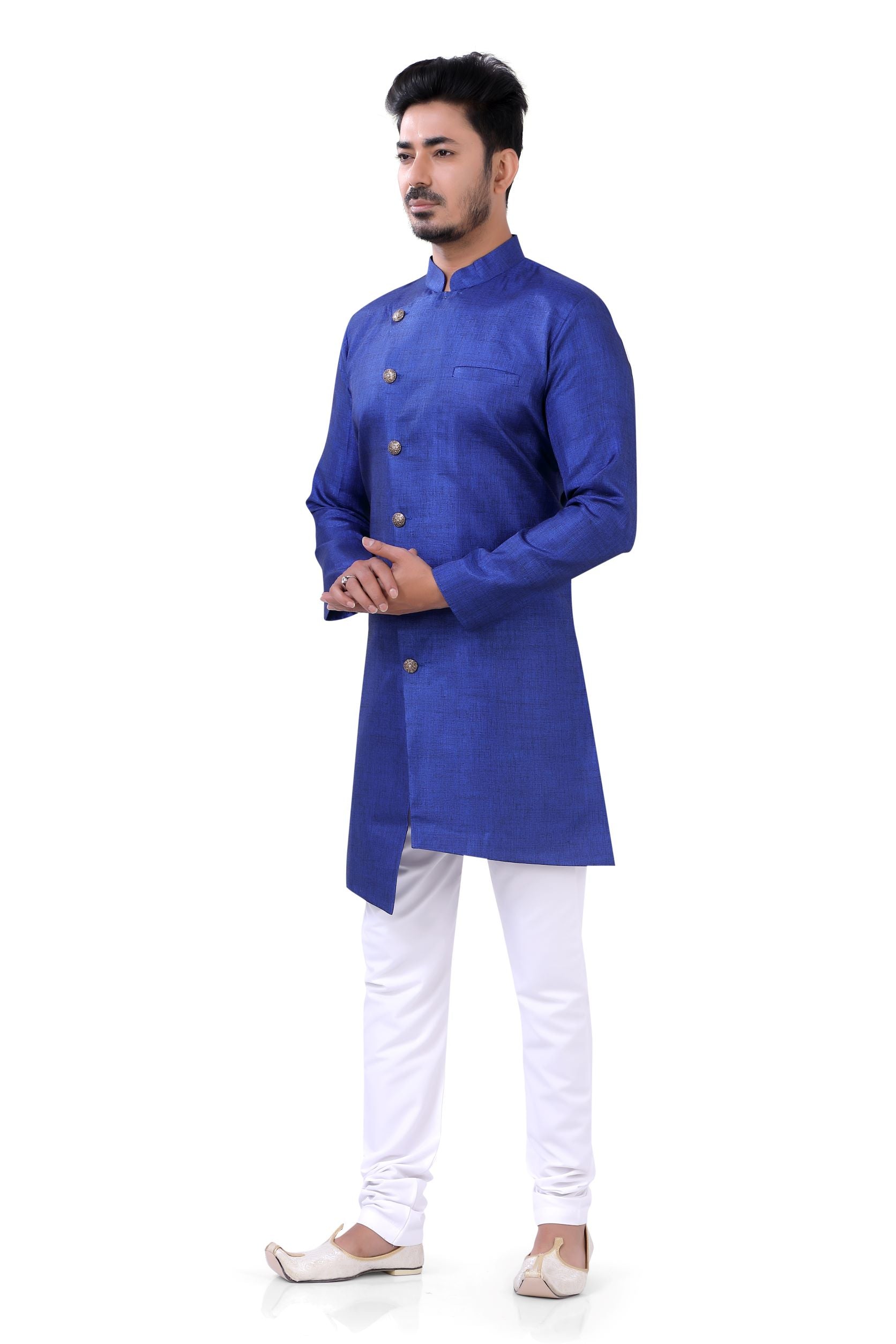 Asymmetric Linen cotton Indo western in Blue