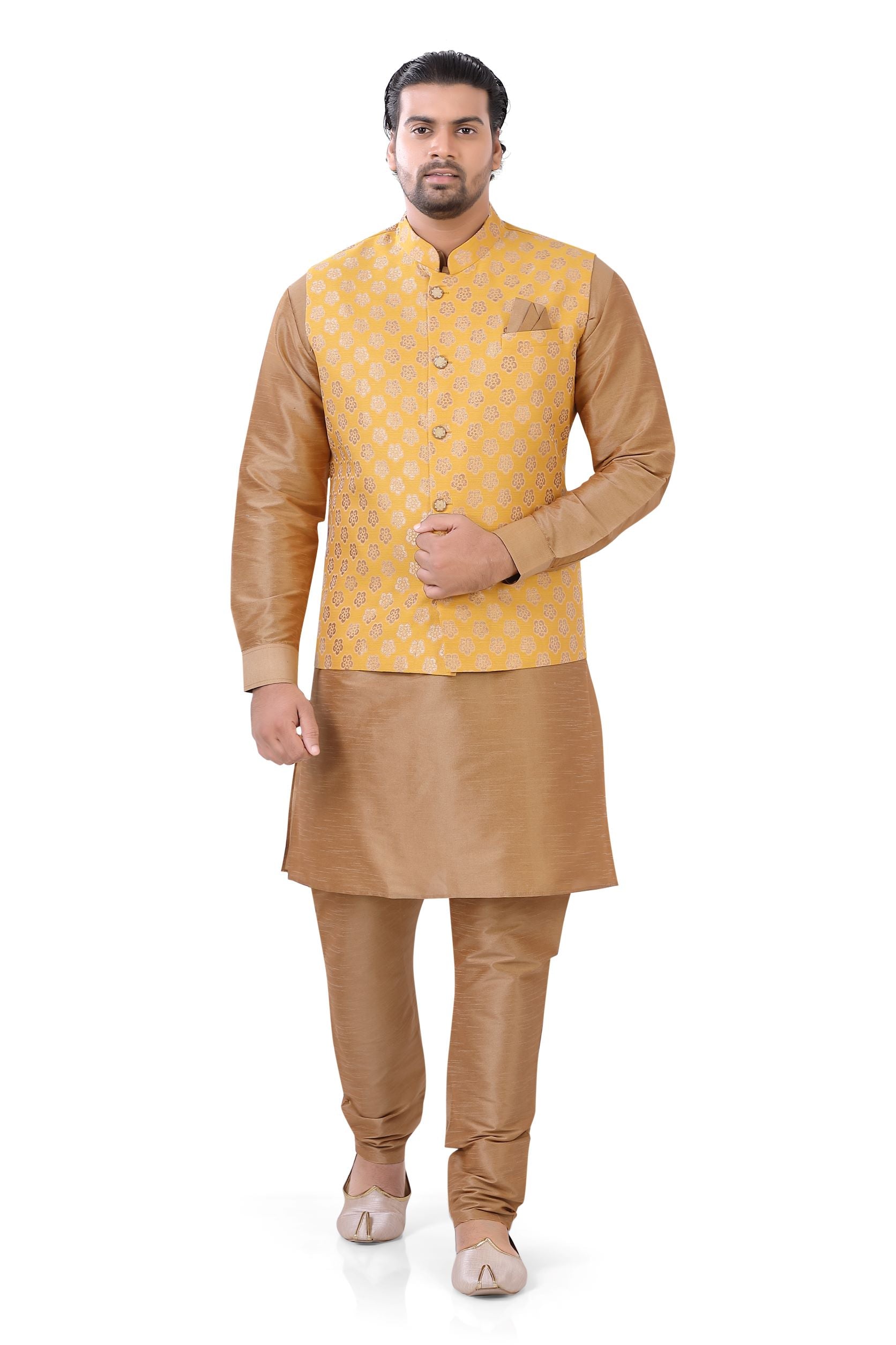 Plus Size Brocade Musturd Yellow Vest Coat with Kurta Pajama D no. MO-186