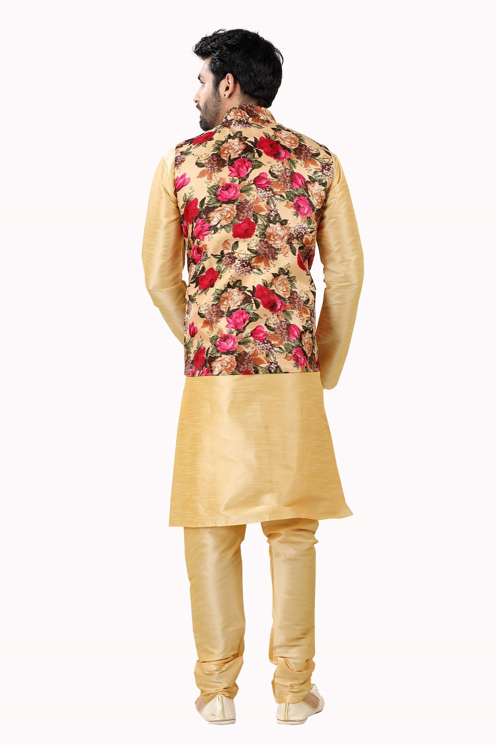 Floral Light gold Vest coat with Dupion Silk Kurta Pajama D NO Sk-135