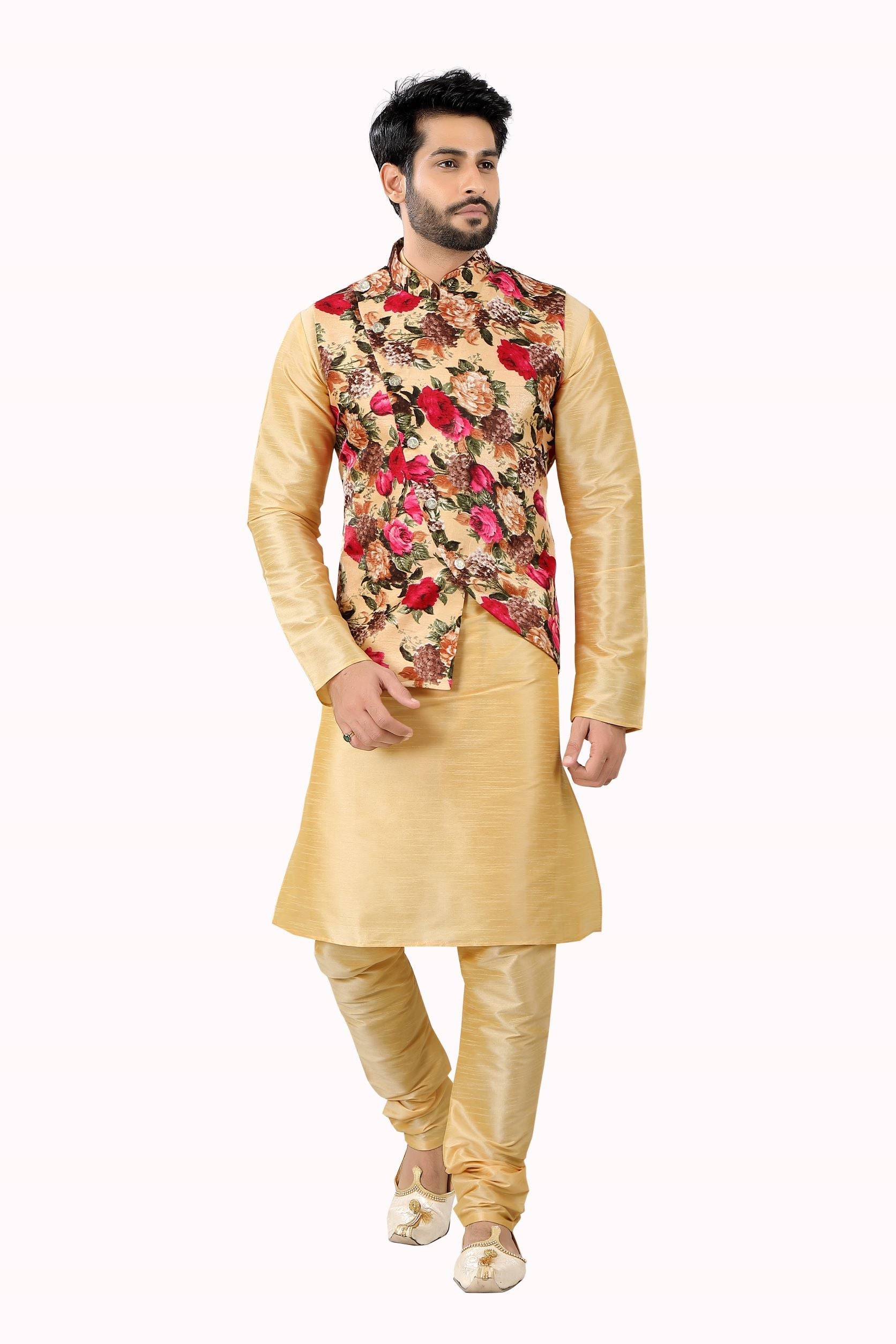 Floral Light gold Vest coat with Dupion Silk Kurta Pajama D NO Sk-135