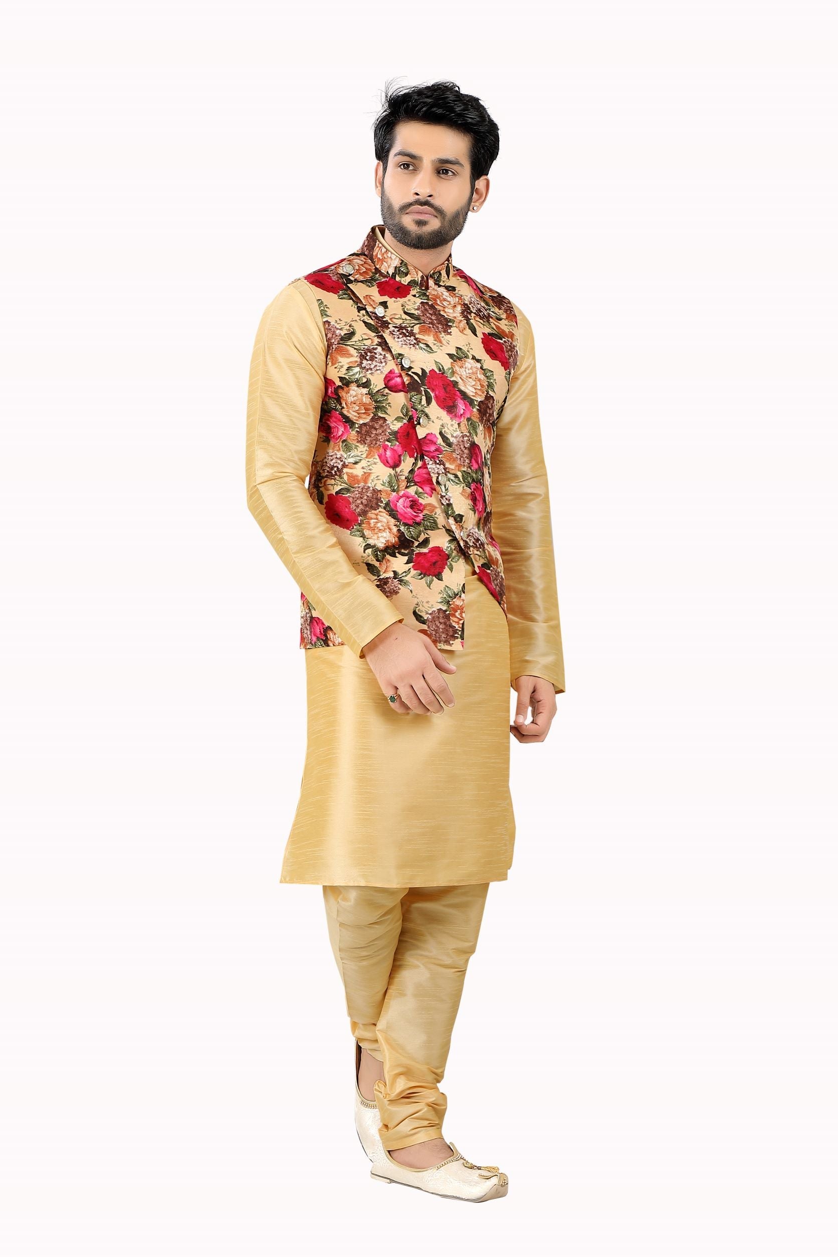 Floral Light gold Vest coat with Dupion Silk Kurta Pajama D NO Sk-135