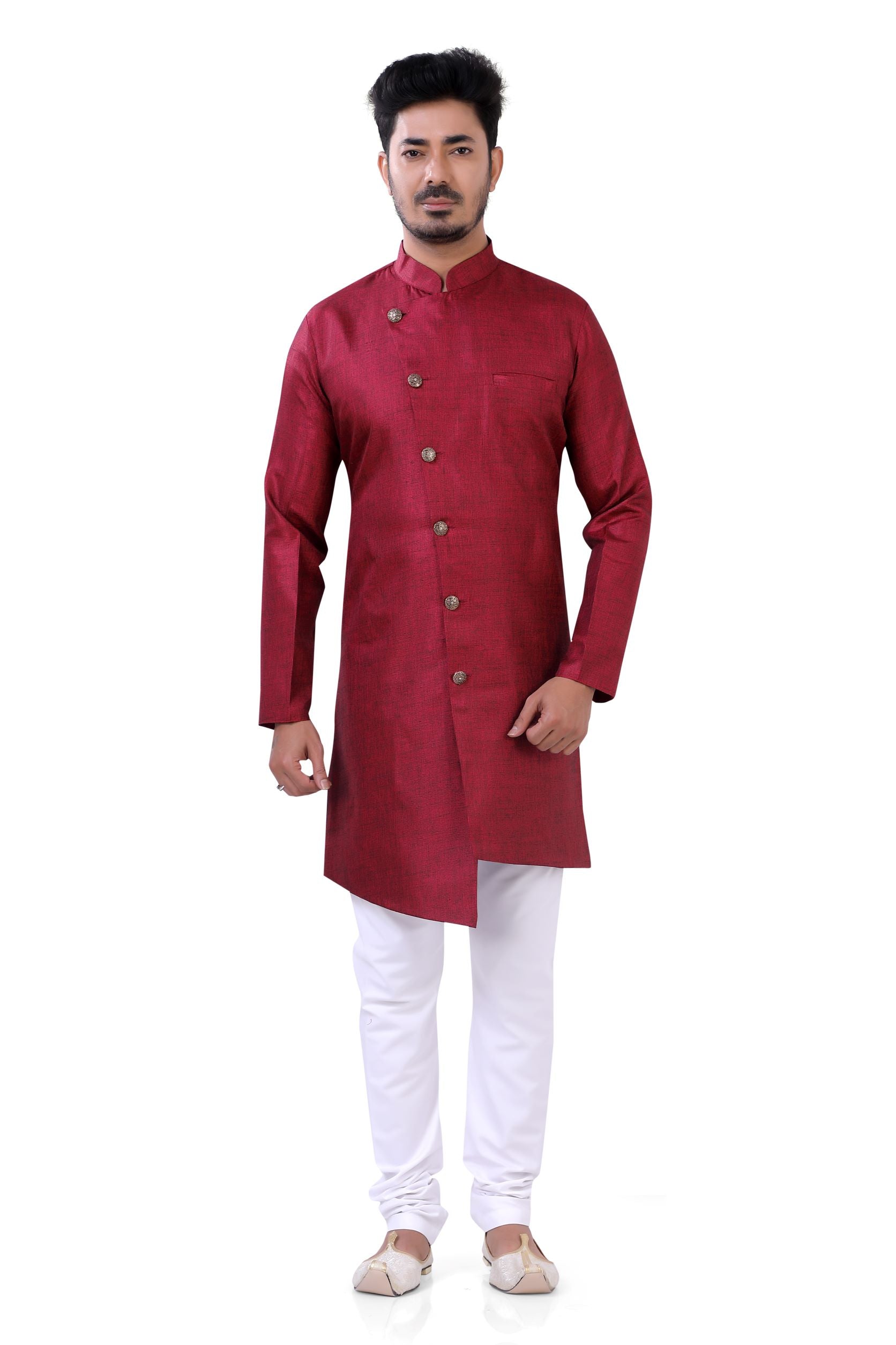 Asymmetric Linen cotton Indo western in Maroon